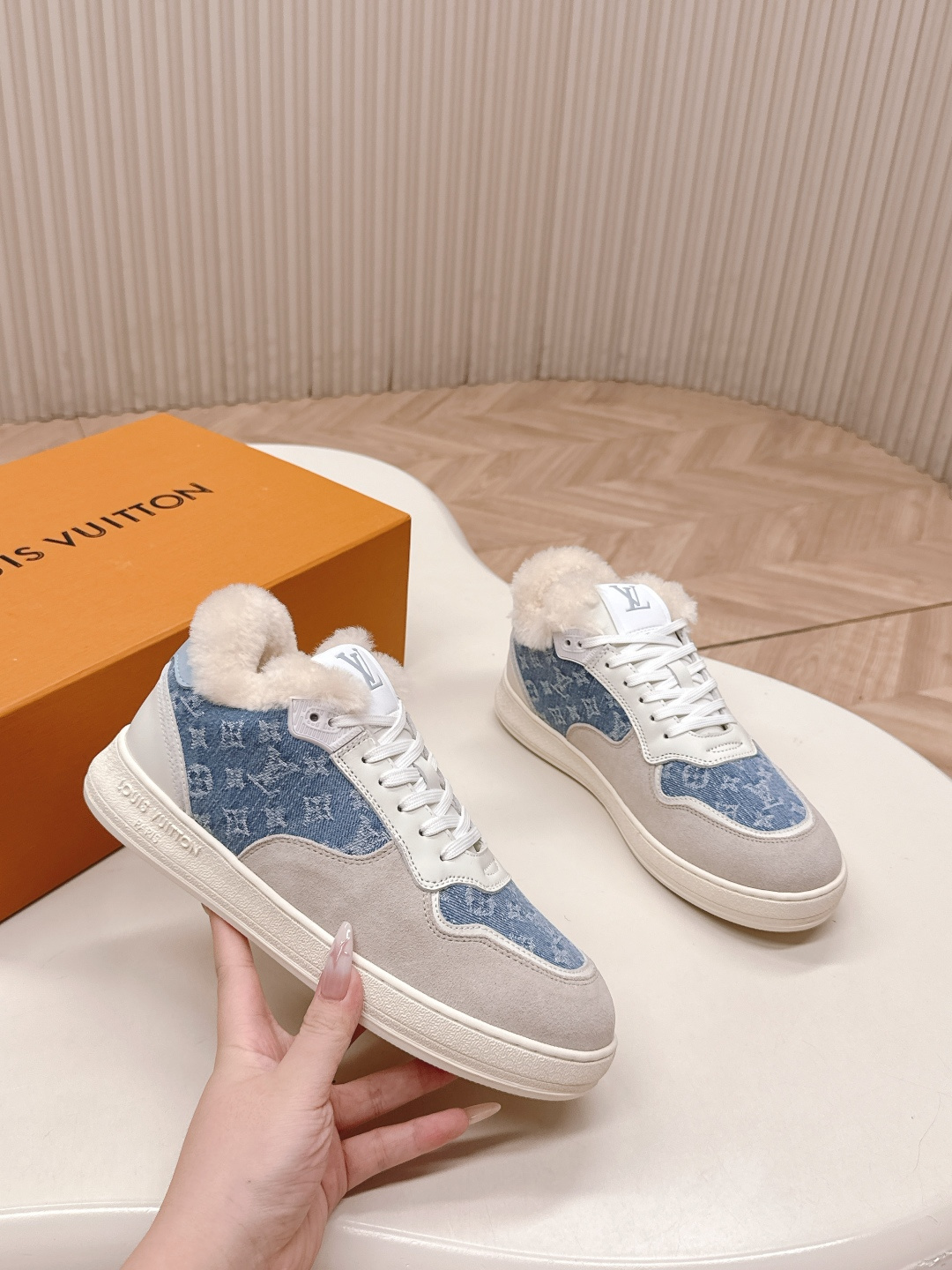 Louis Vuitton Monogram Denim & Shearling Winter Sneakers