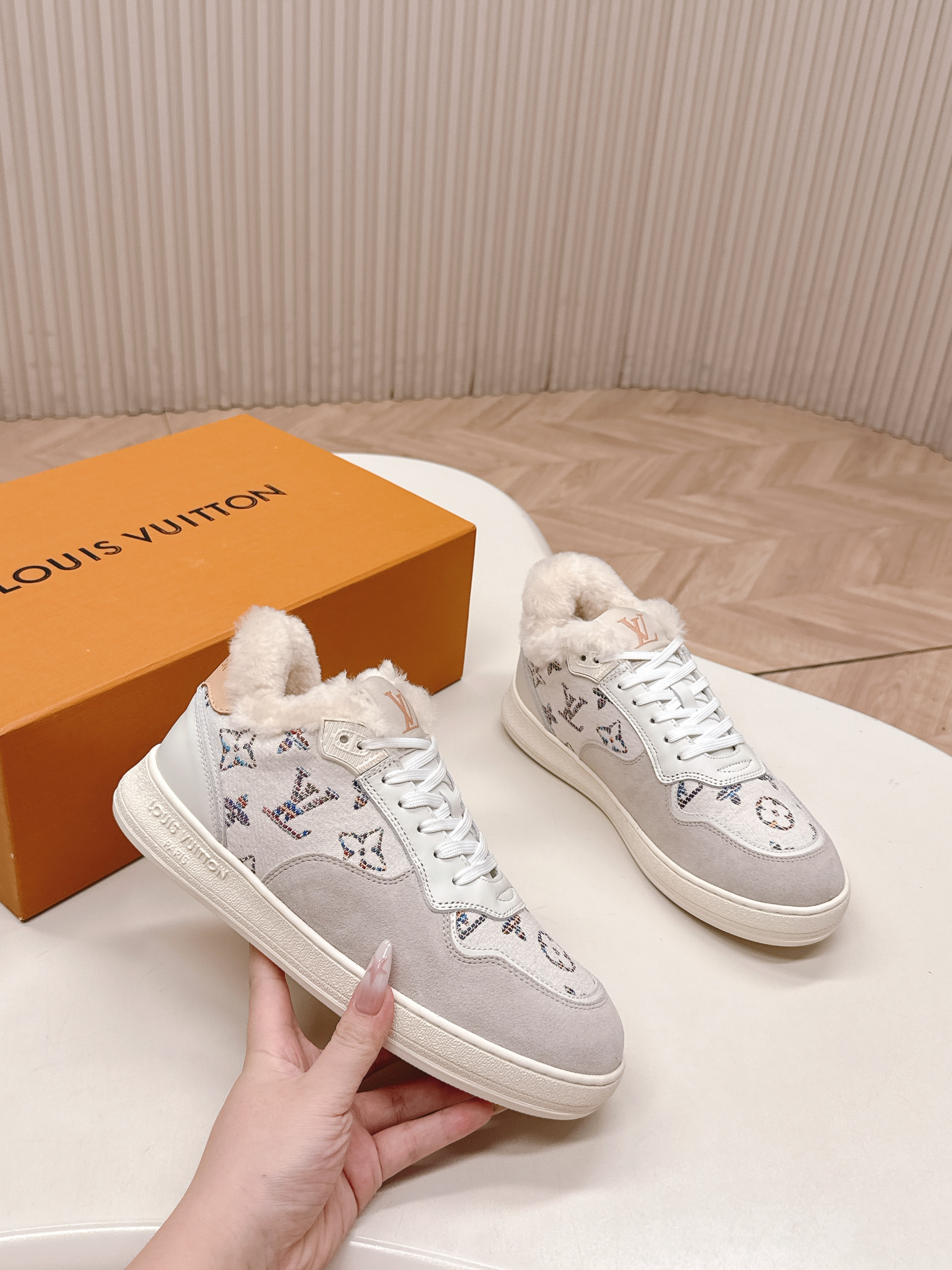 Louis Vuitton Time Out White Shearling Monogram Sneakers