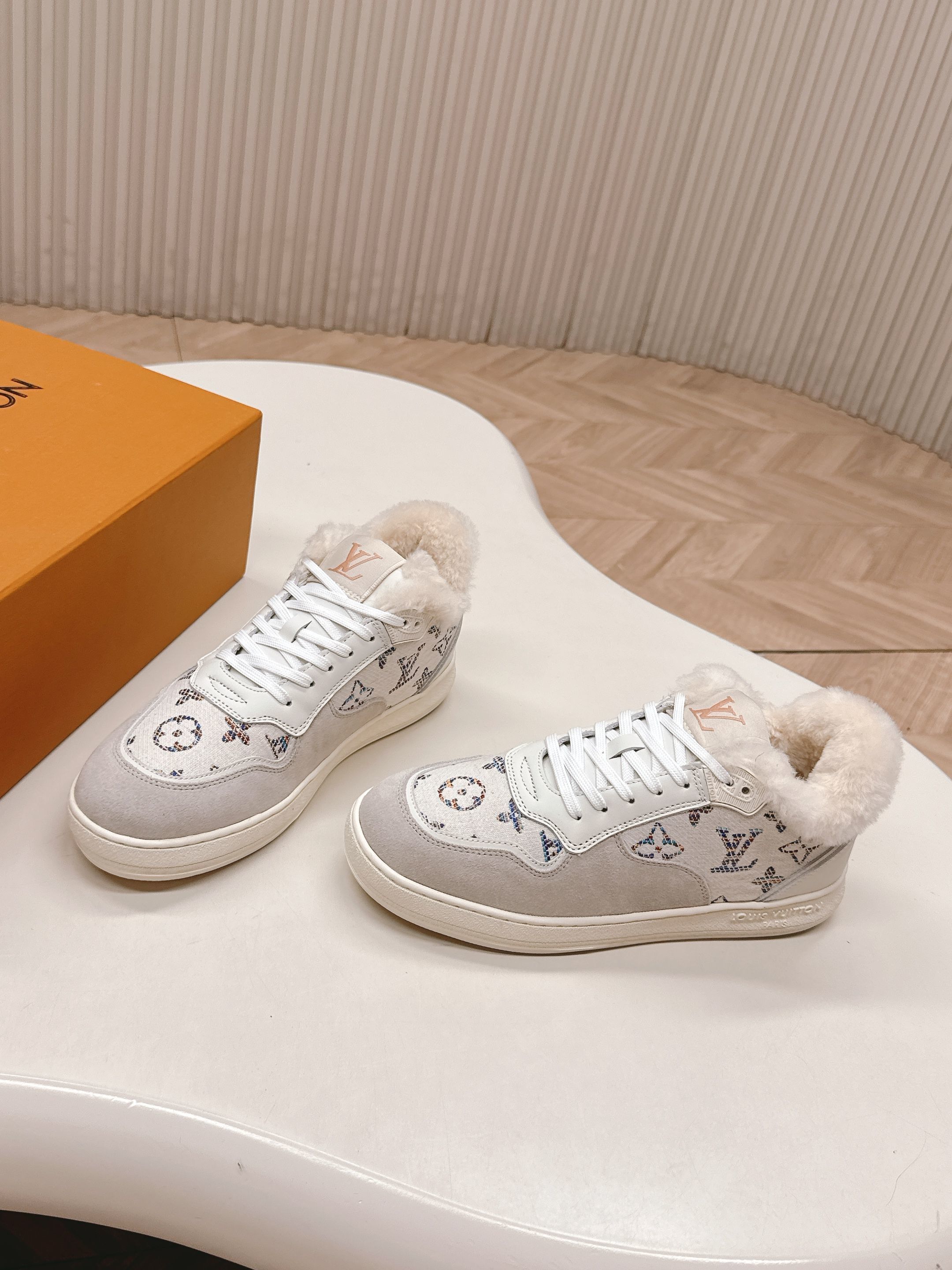 Louis Vuitton Time Out White Shearling Monogram Sneakers