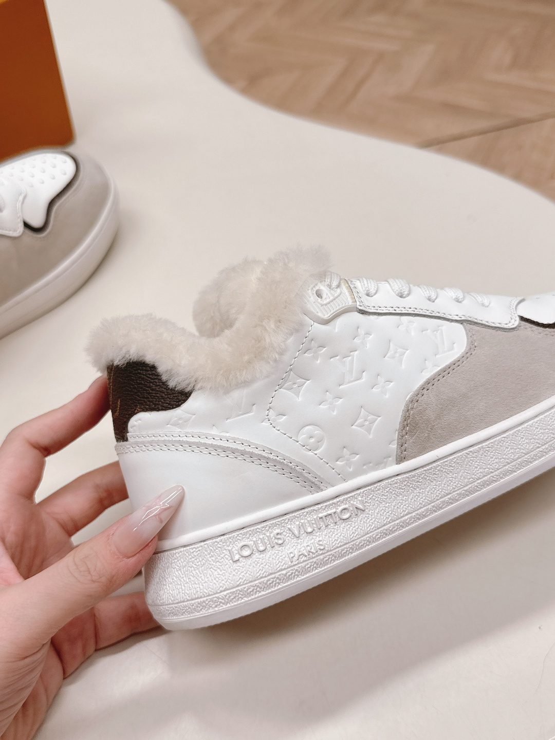 Louis Vuitton White and Grey Fur-Lined Luxury Sneakers for Women