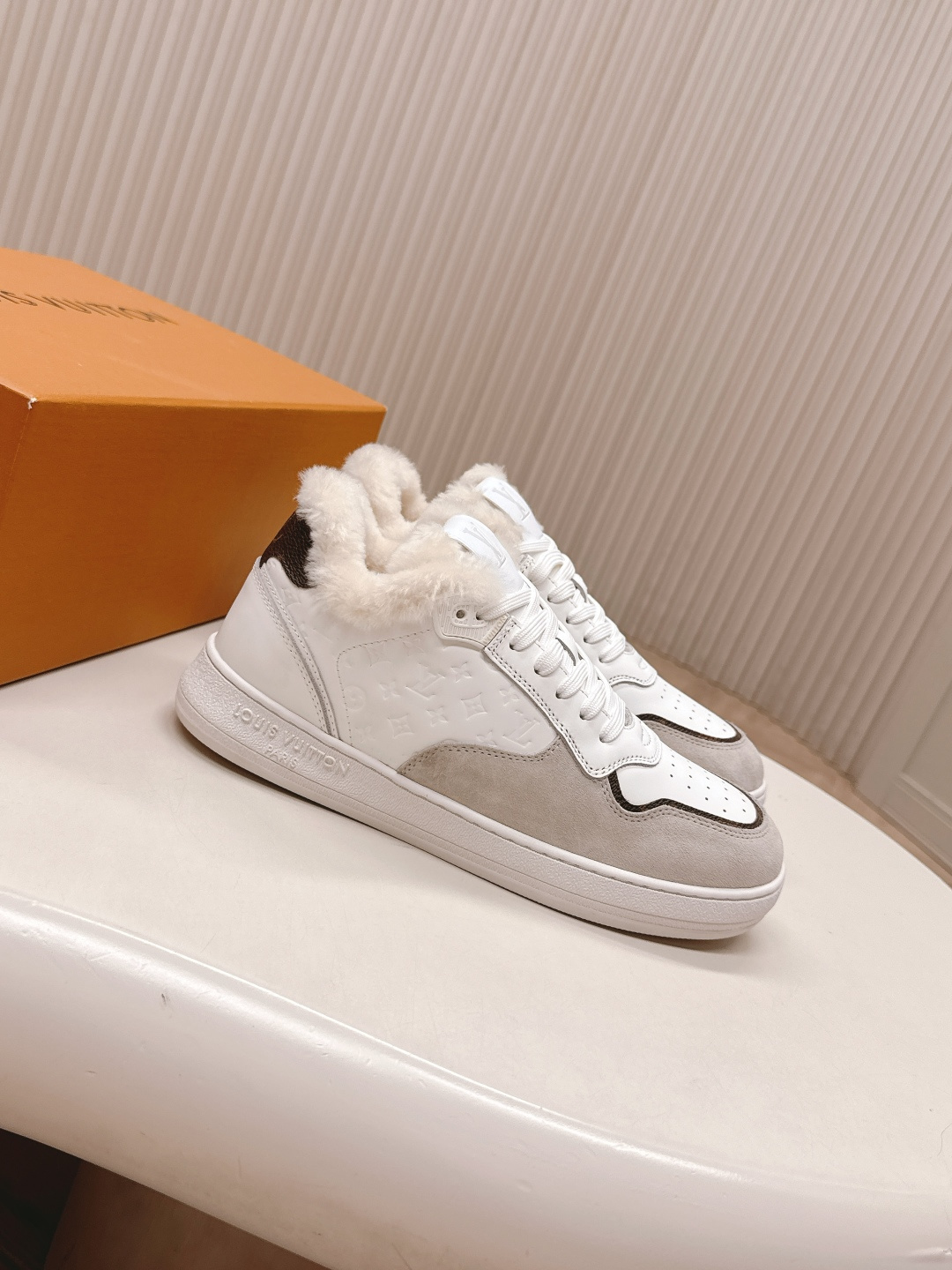 Louis Vuitton White and Grey Fur-Lined Luxury Sneakers for Women