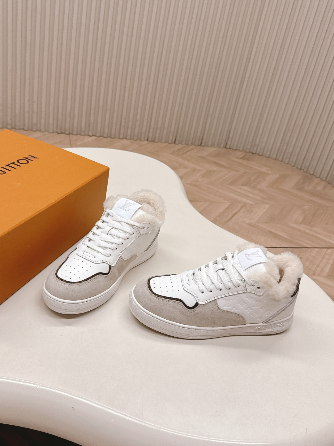 Louis Vuitton White and Grey Fur-Lined Luxury Sneakers for Women