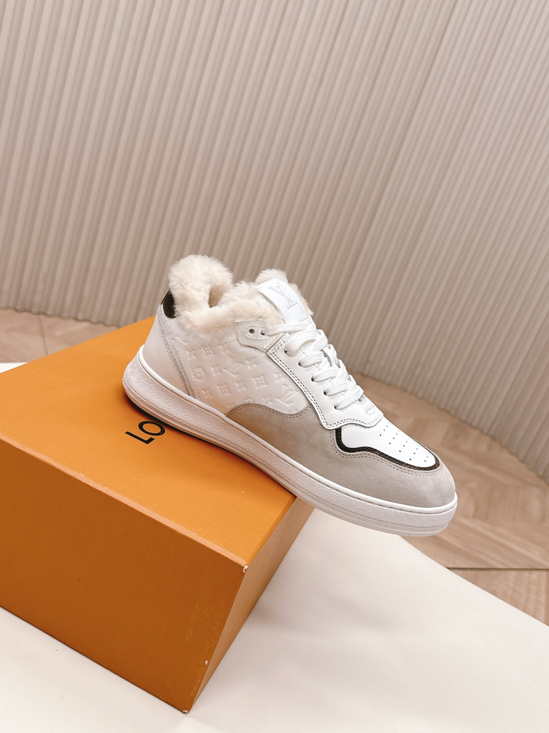 Louis Vuitton White and Grey Fur-Lined Luxury Sneakers for Women