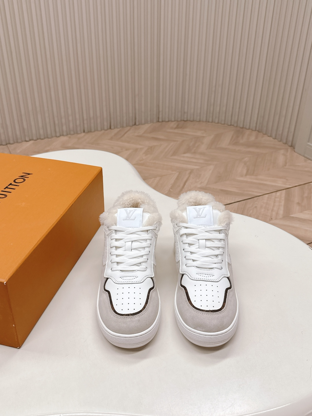 Louis Vuitton White and Grey Fur-Lined Luxury Sneakers for Women