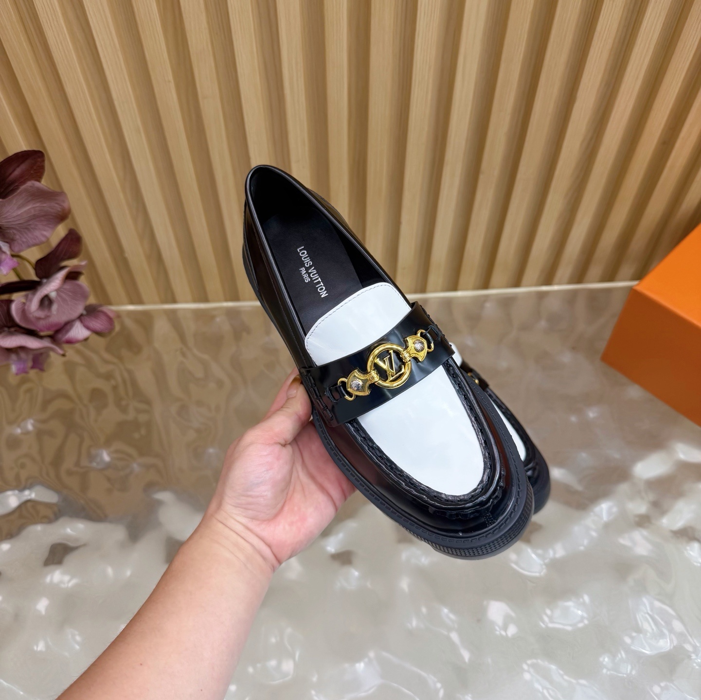 Women's Black & White Two-Tone Patent Leather Lug Sole Loafers