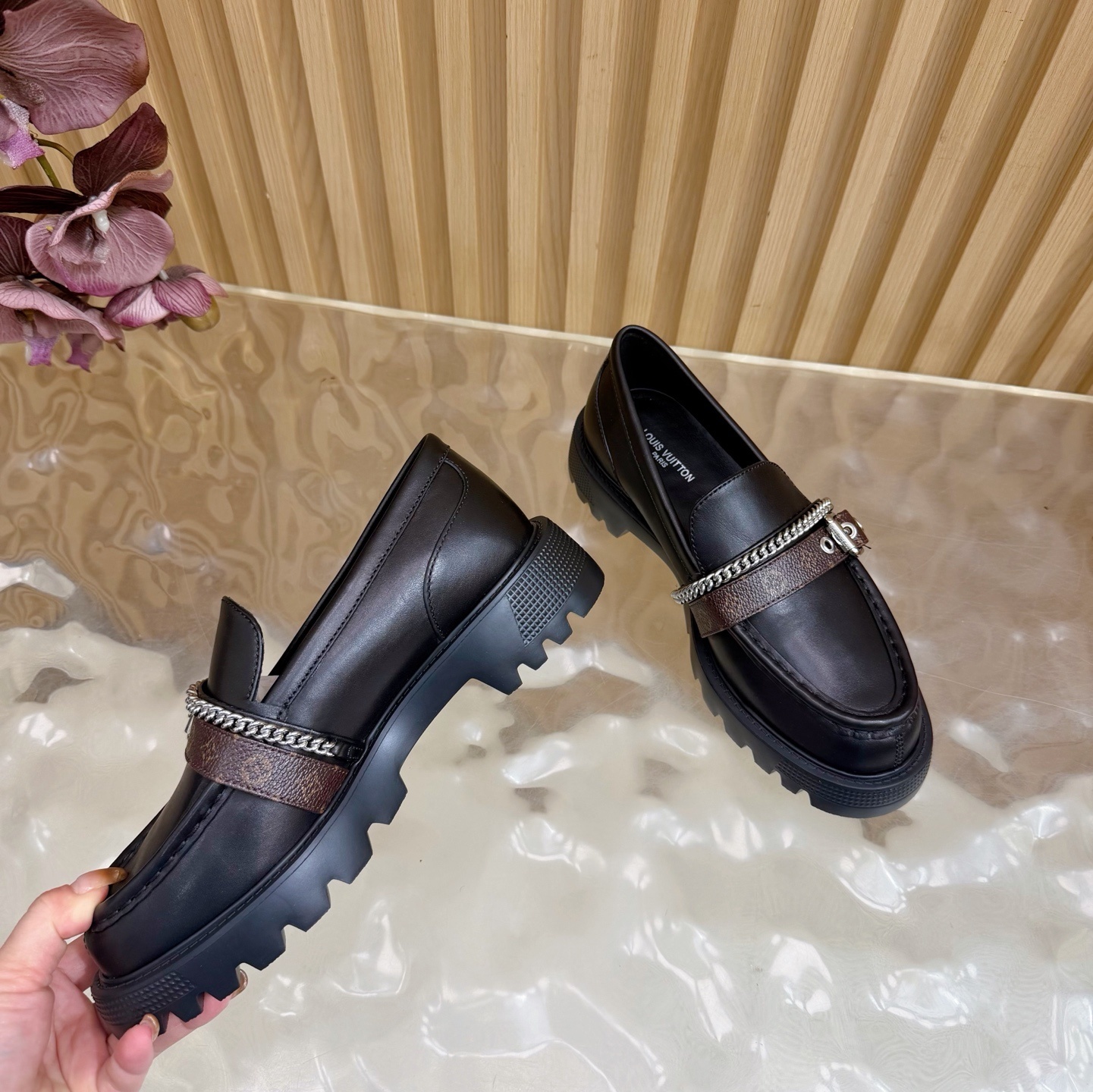 Luxury Black Chunky Platform Loafers with Monogram Chain Detail