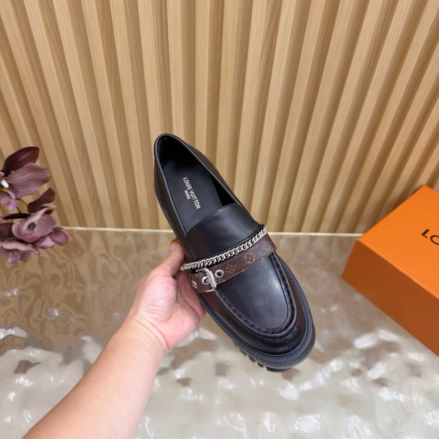 Luxury Black Chunky Platform Loafers with Monogram Chain Detail