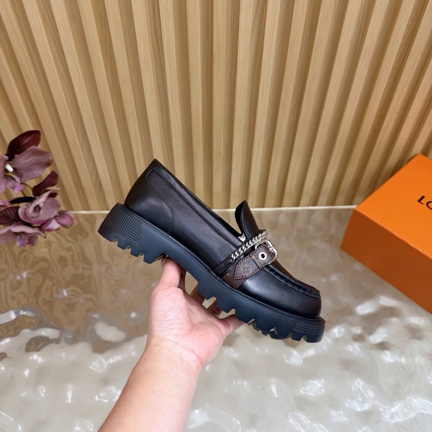 Luxury Black Chunky Platform Loafers with Monogram Chain Detail