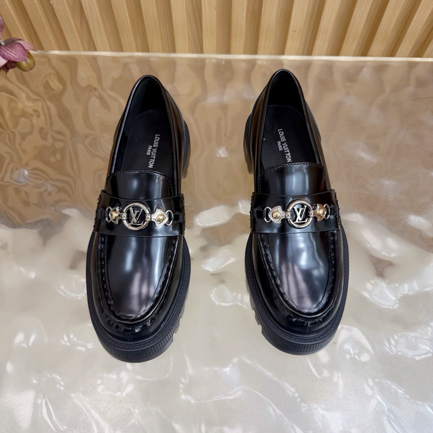 Women's Chunky Platform Loafers with Silver Chain - Chic Black