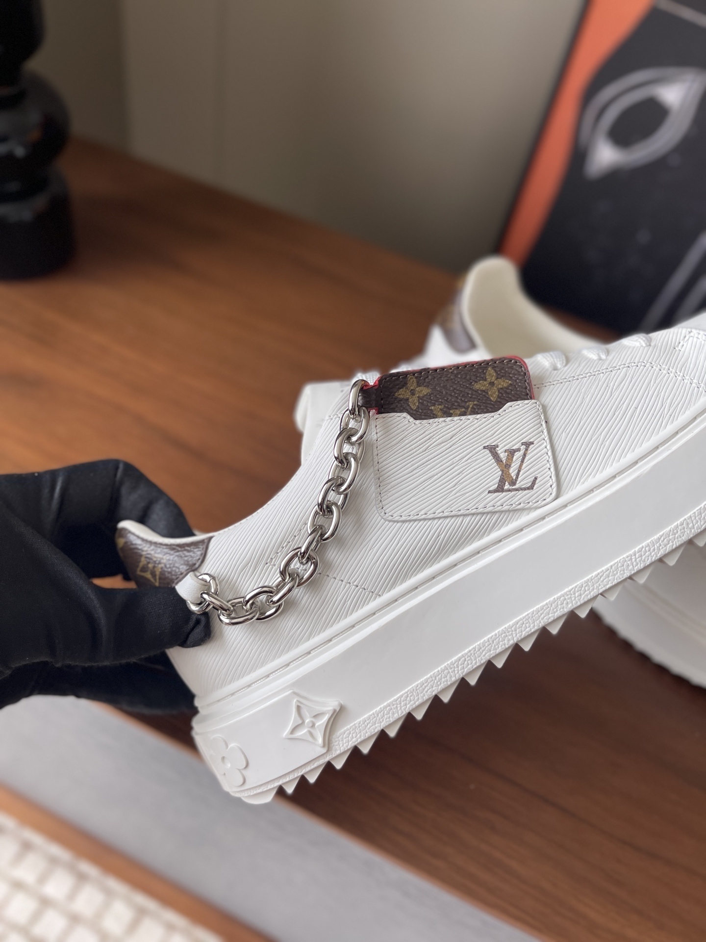 Louis Vuitton White Leather Sneakers with Monogram Detail & Chain