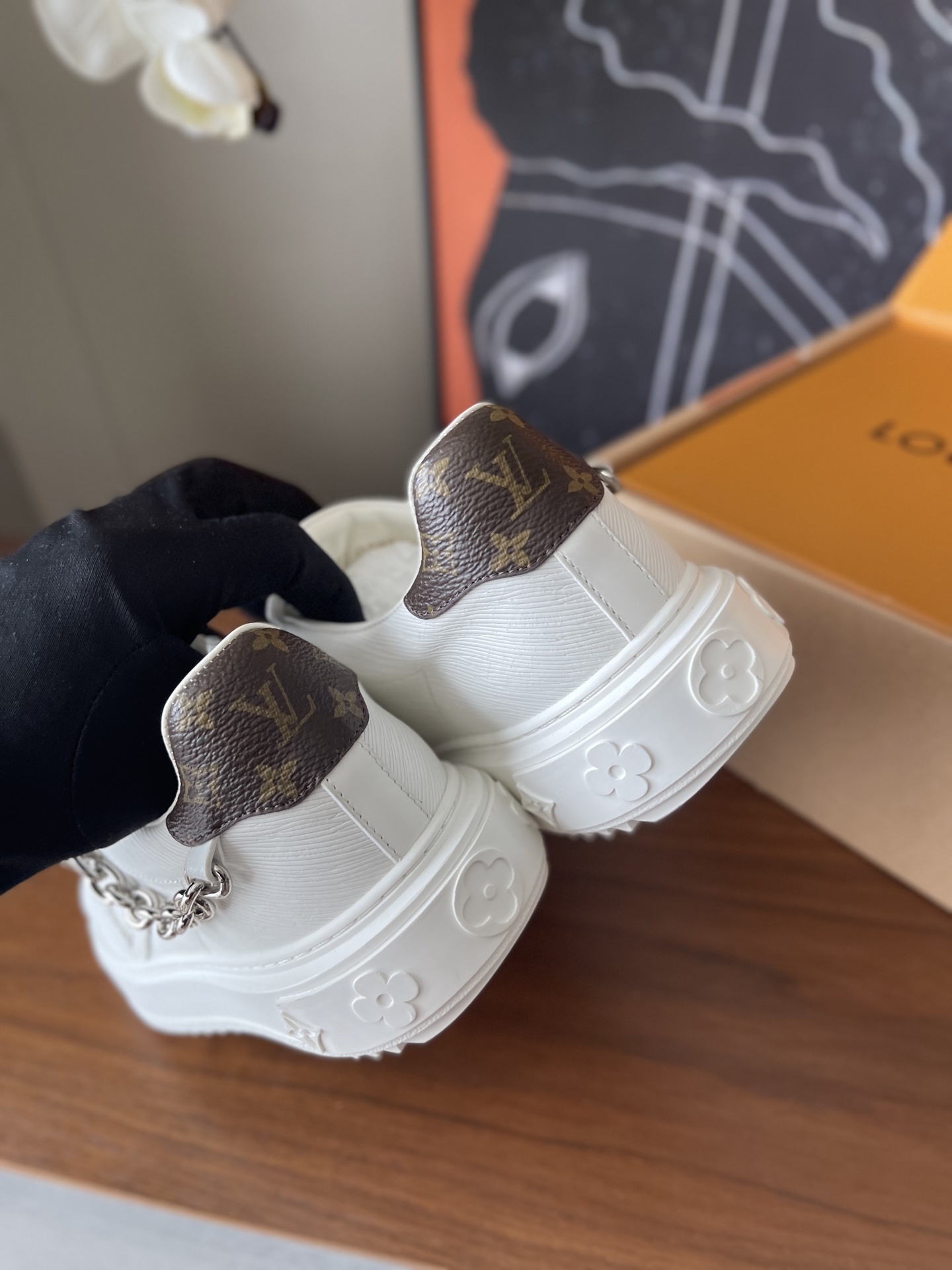 Louis Vuitton White Leather Sneakers with Monogram Detail & Chain
