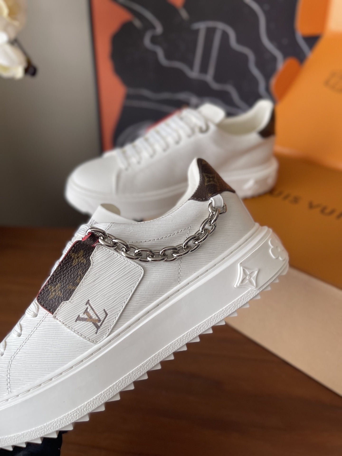 Louis Vuitton White Leather Sneakers with Monogram Detail & Chain
