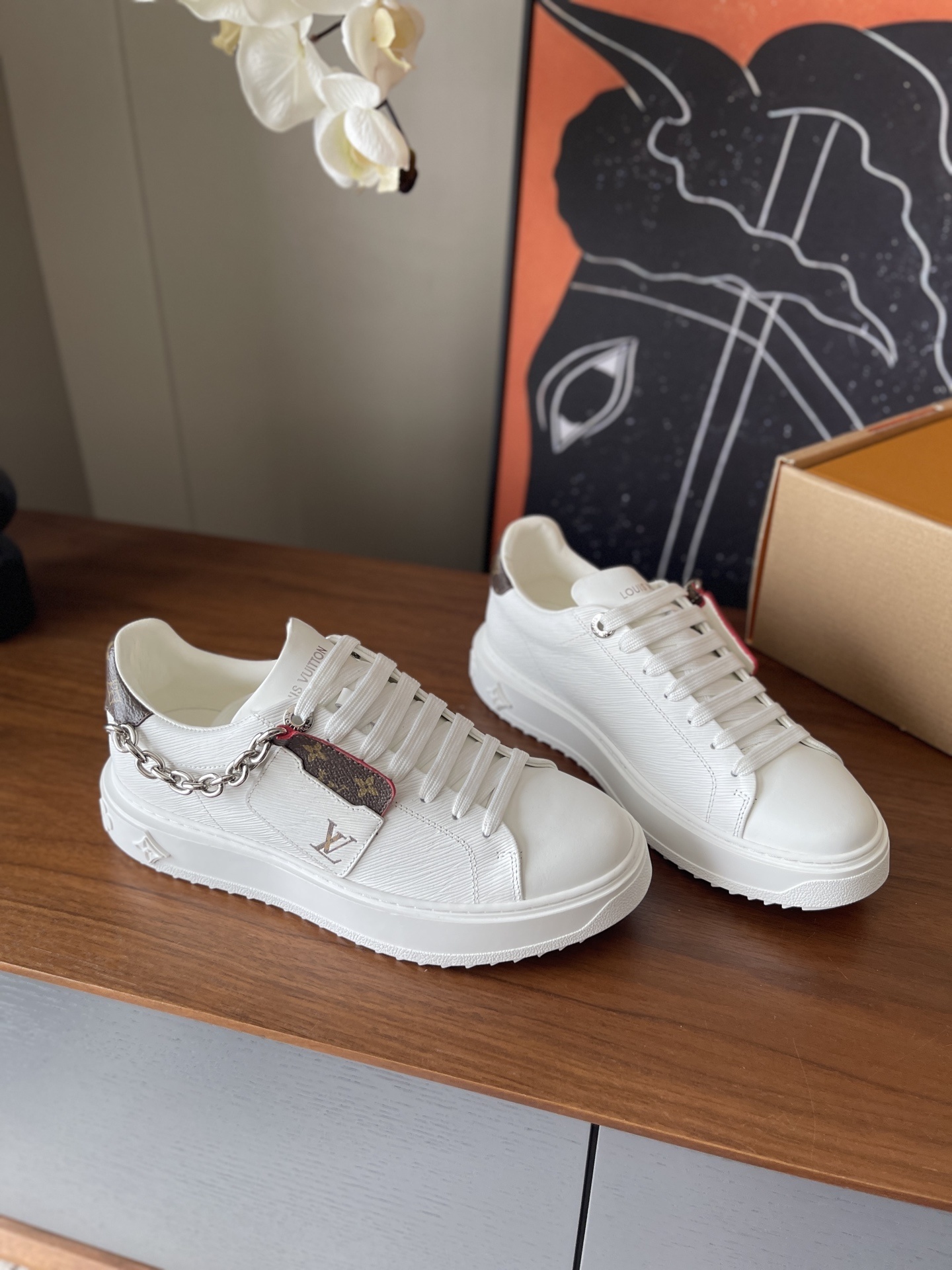 Louis Vuitton White Leather Sneakers with Monogram Detail & Chain