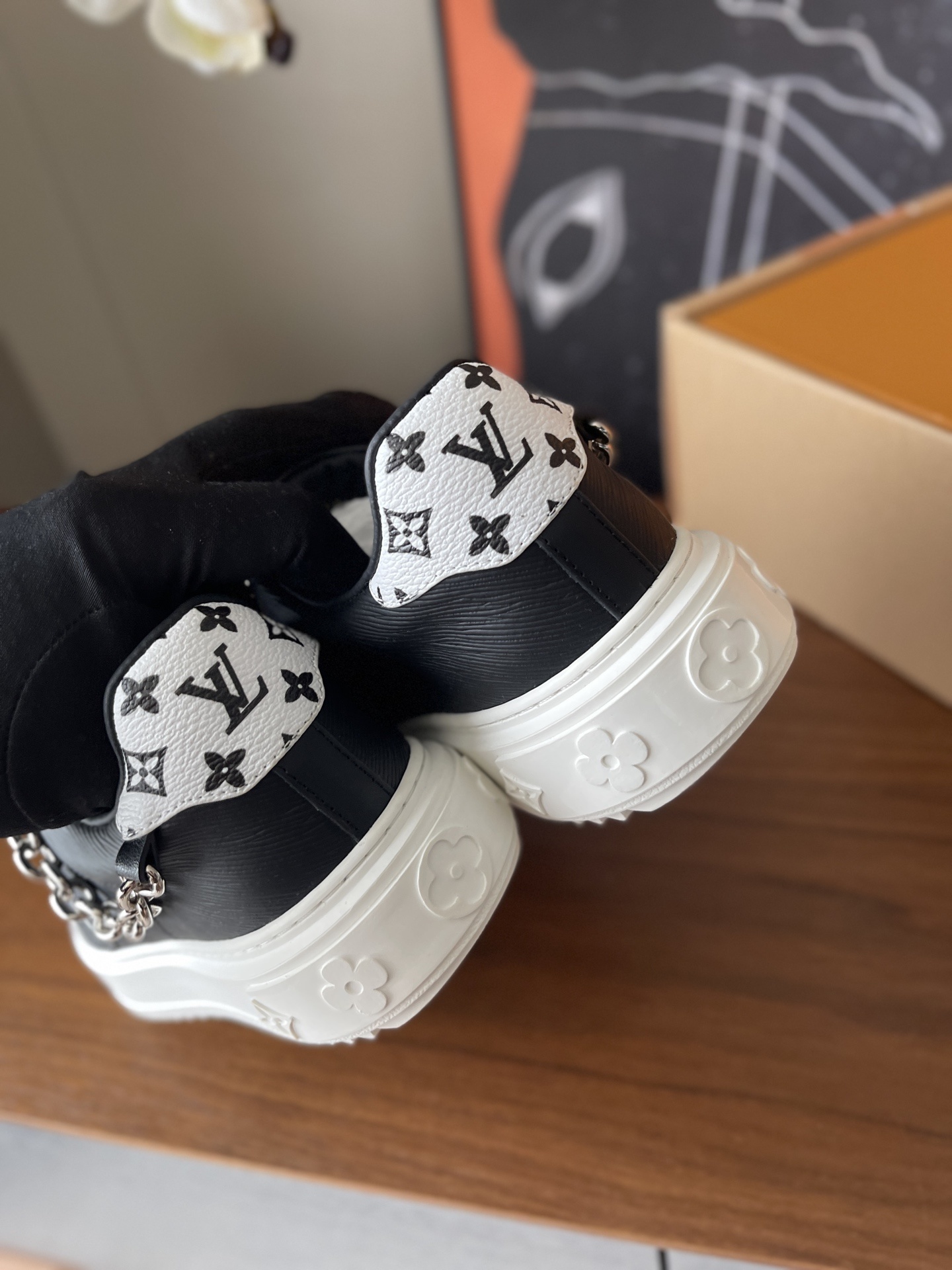 Louis Vuitton Black Leather Sneakers with Silver Chain Detail
