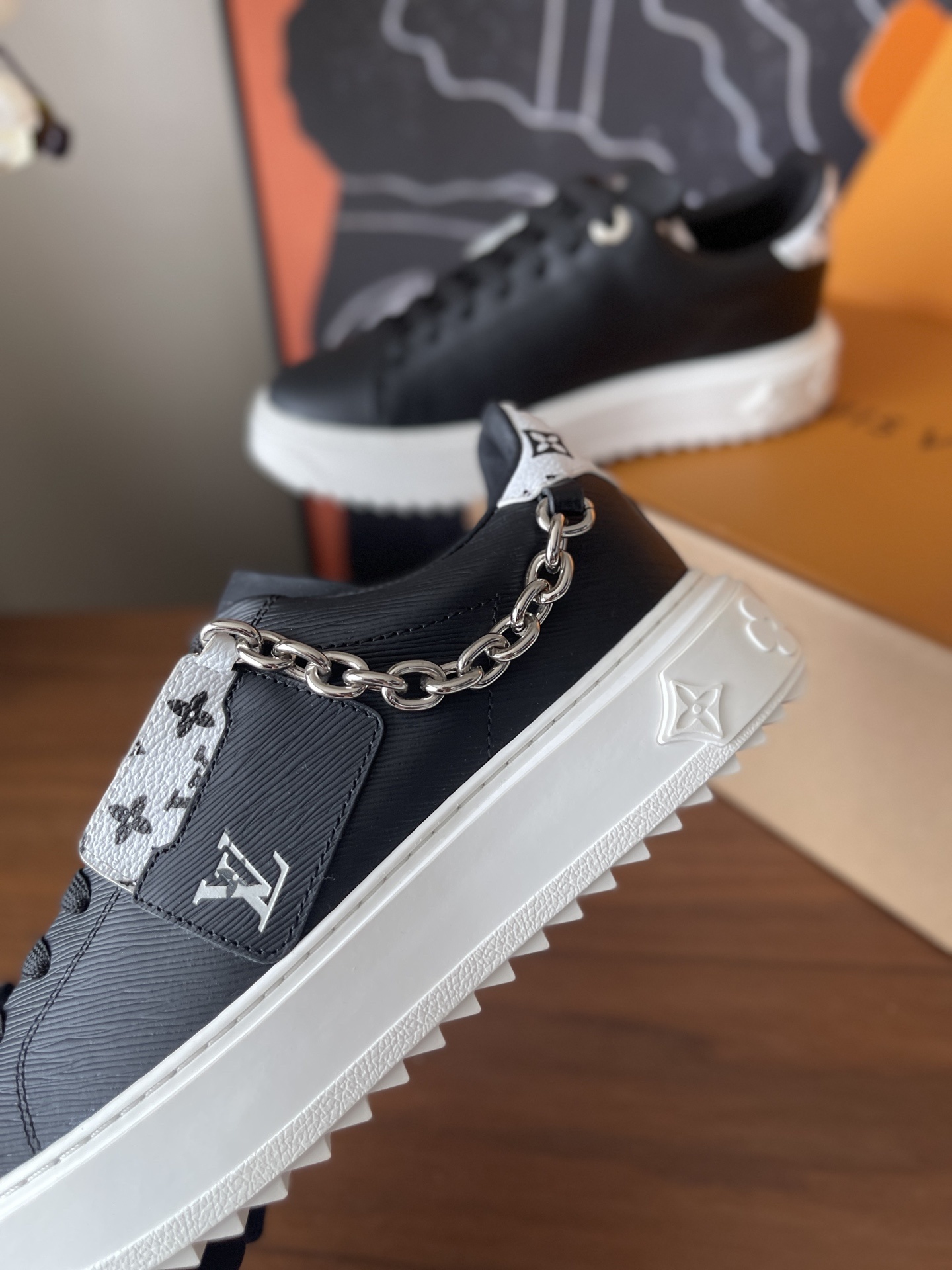 Louis Vuitton Black Leather Sneakers with Silver Chain Detail
