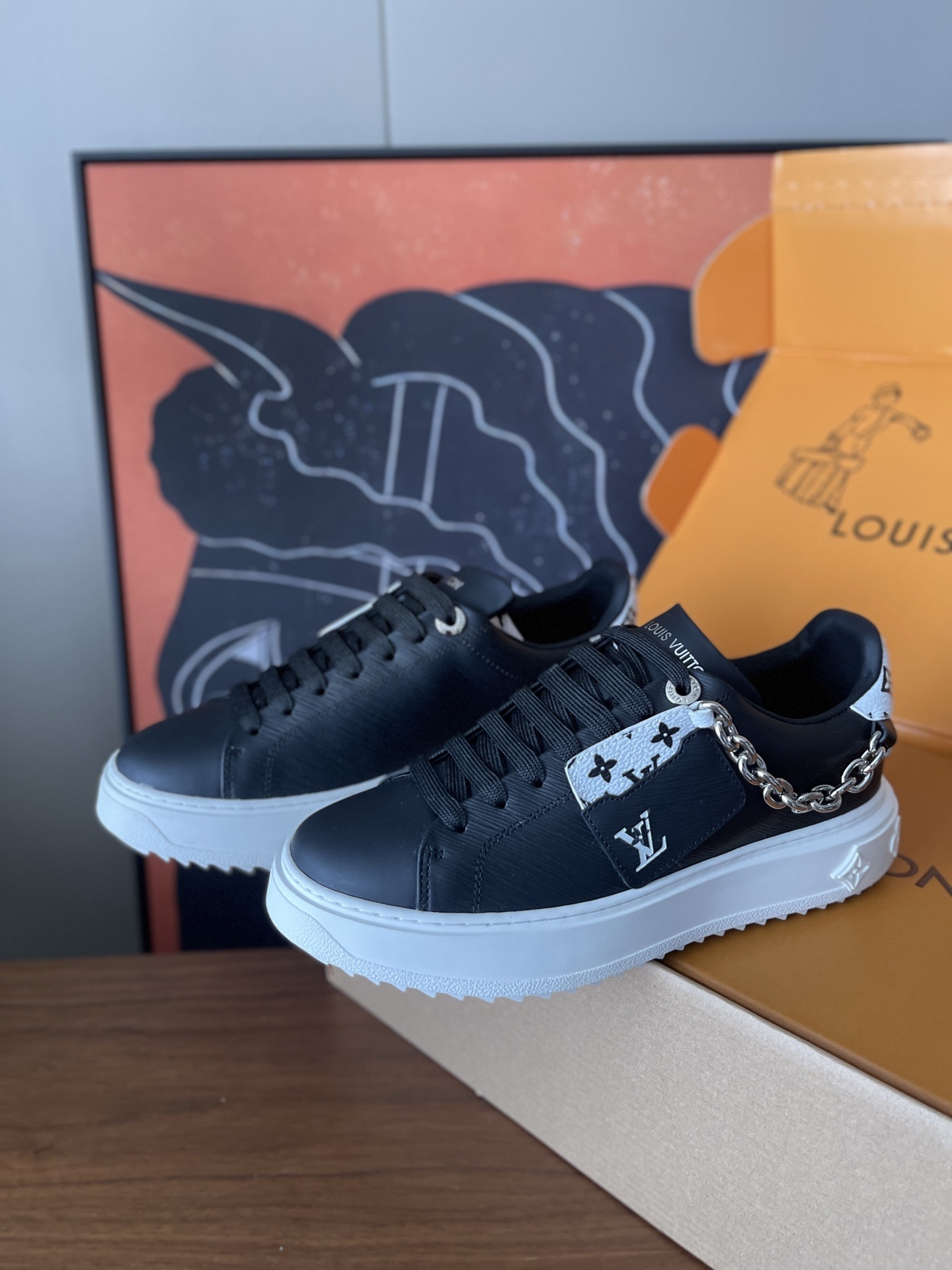 Louis Vuitton Black Leather Sneakers with Silver Chain Detail