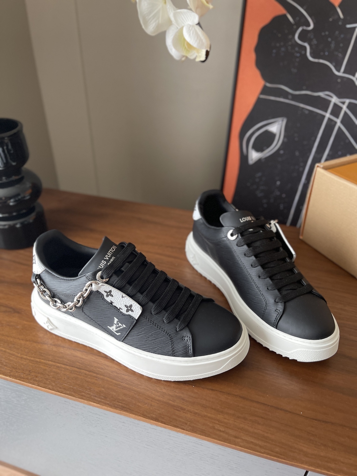 Louis Vuitton Black Leather Sneakers with Silver Chain Detail