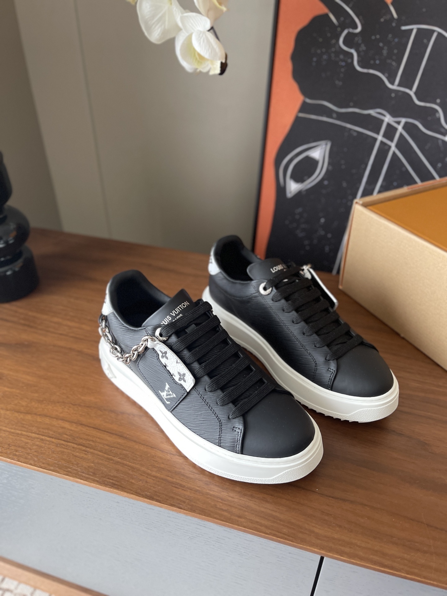 Louis Vuitton Black Leather Sneakers with Silver Chain Detail