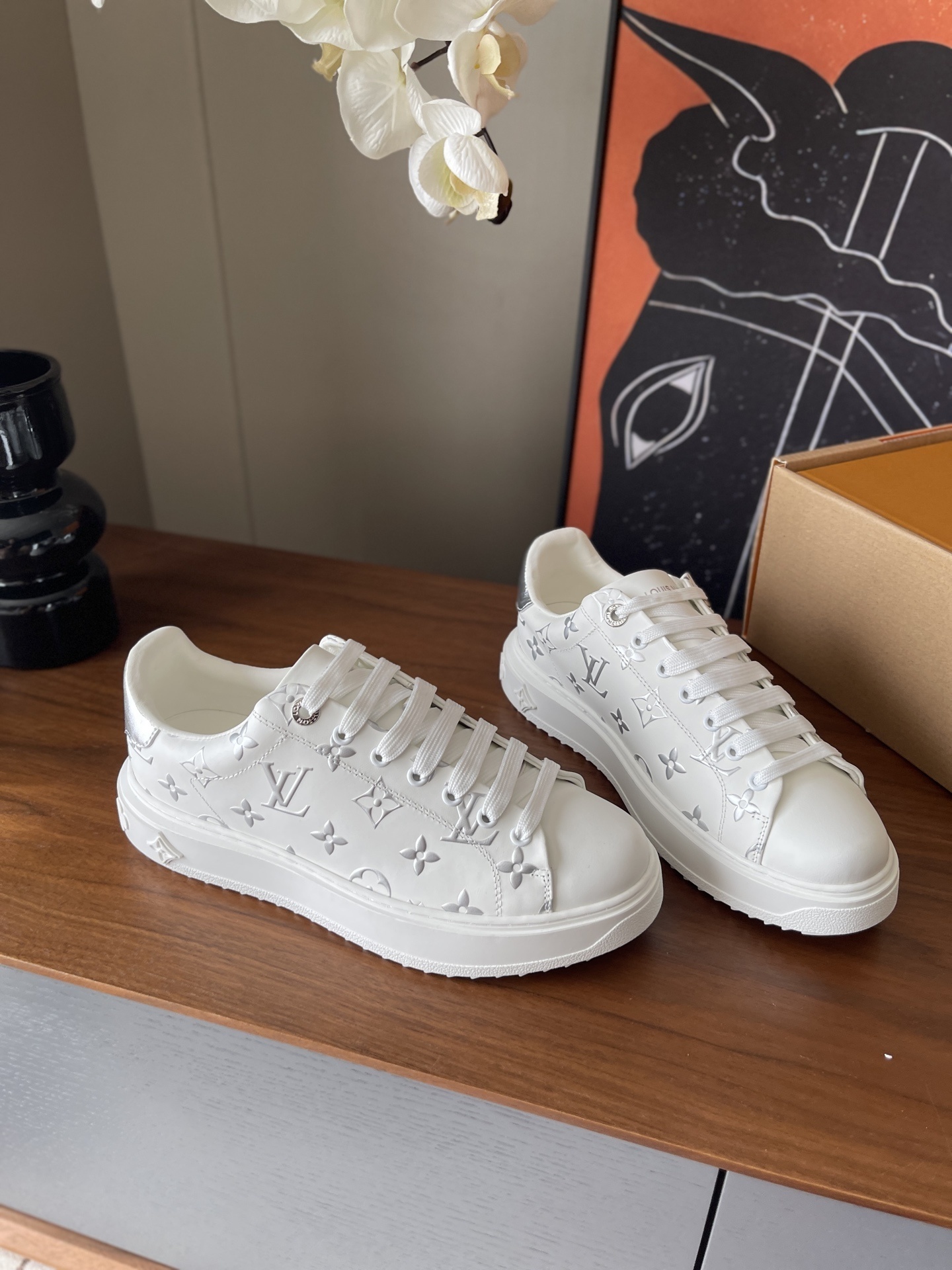 Louis Vuitton Time Out Sneakers - White Leather Silver Monogram