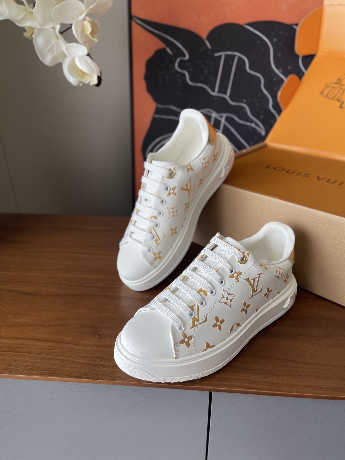 Louis Vuitton White & Gold Monogram Luxury Platform Sneakers