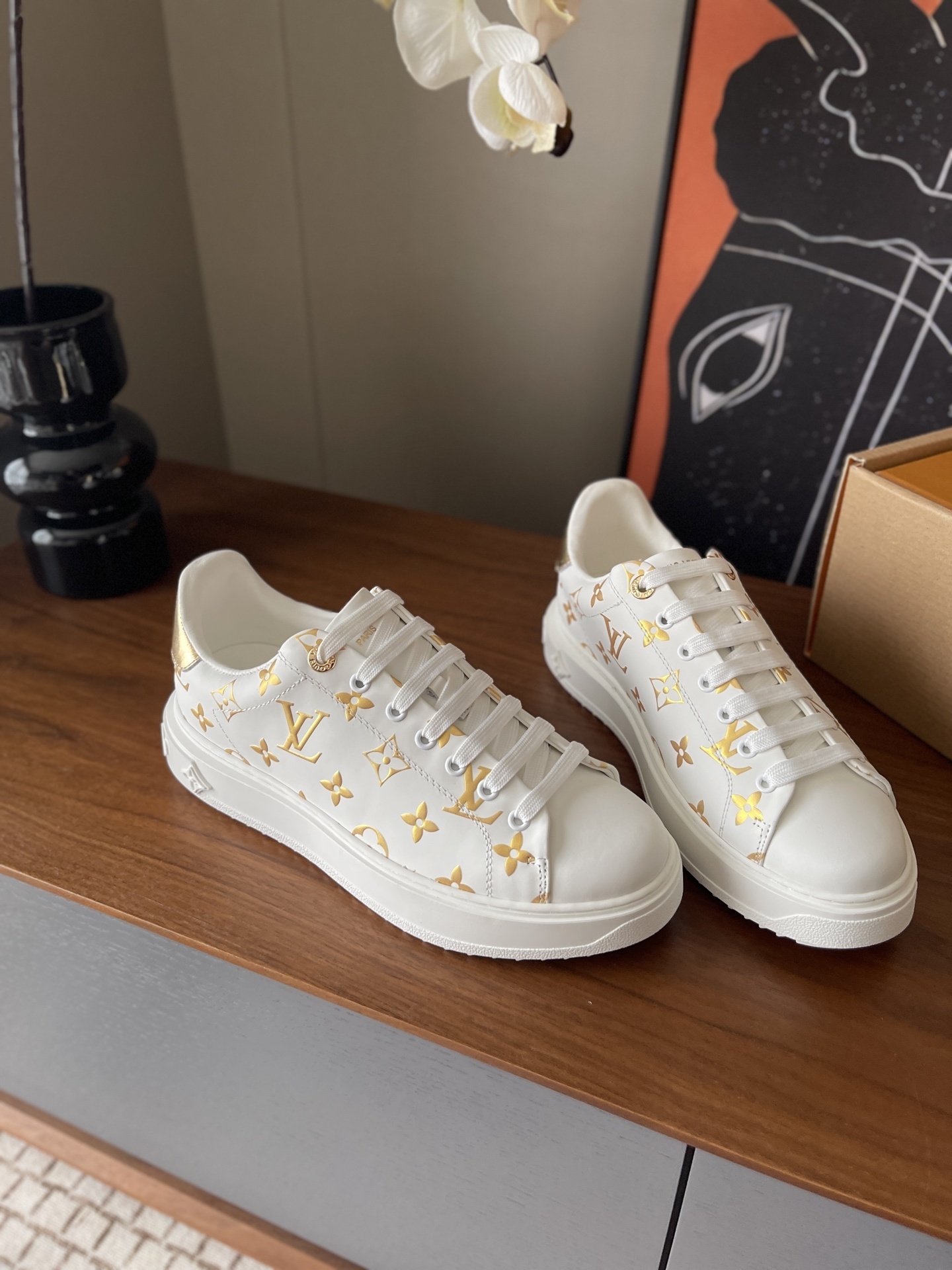 Louis Vuitton White & Gold Monogram Luxury Platform Sneakers