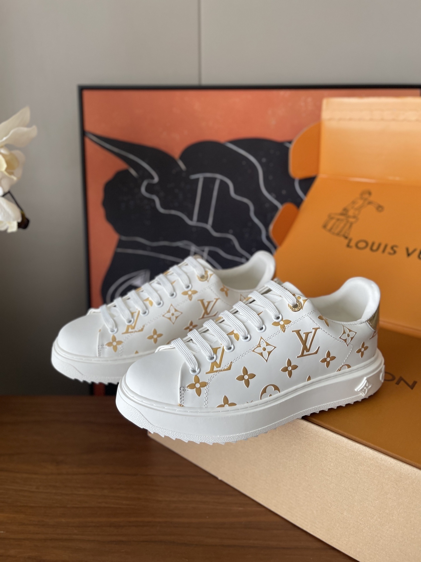Louis Vuitton White & Gold Monogram Luxury Platform Sneakers