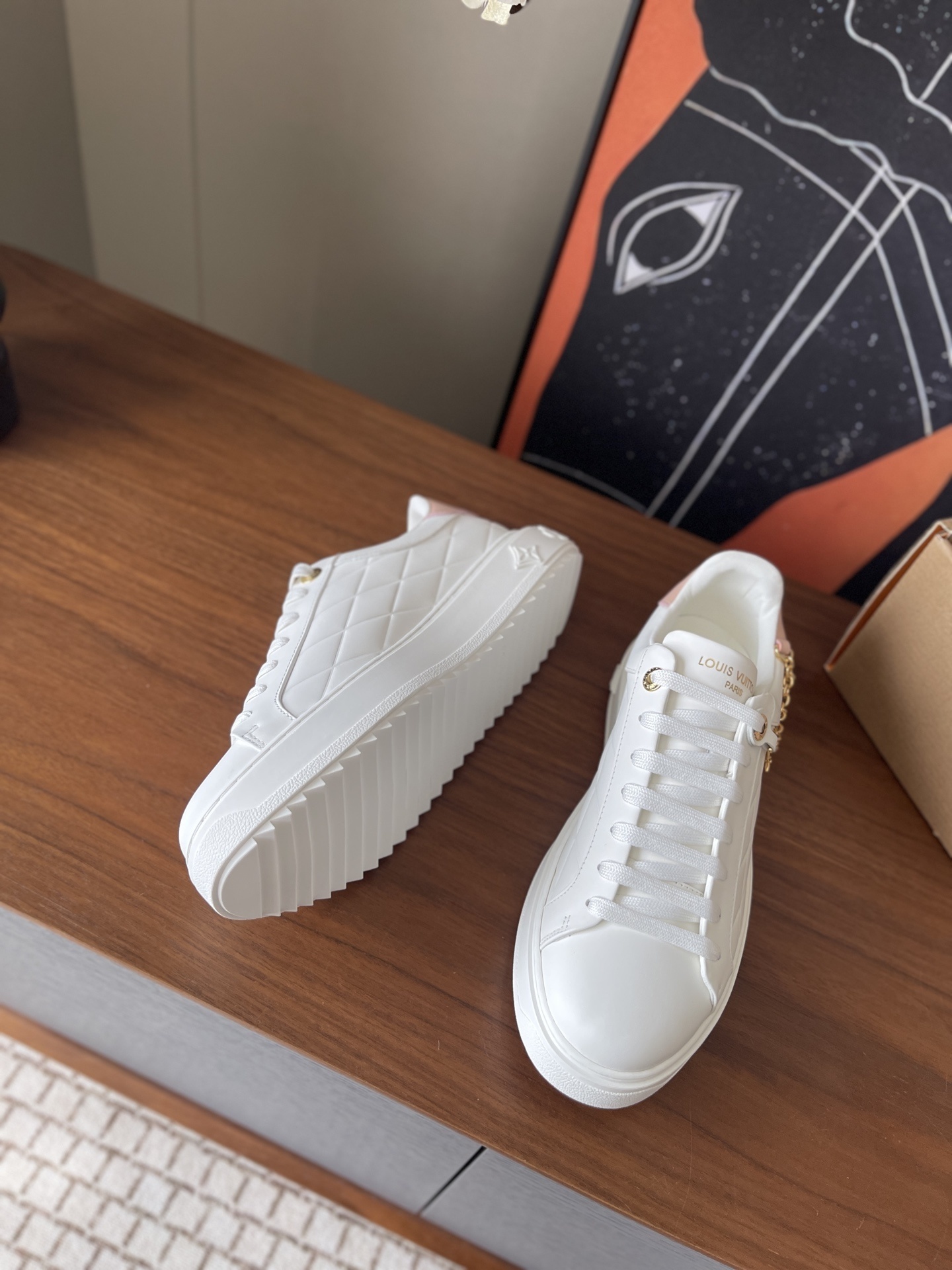 Louis Vuitton Women's White Quilted Platform Sneakers with Gold Charms