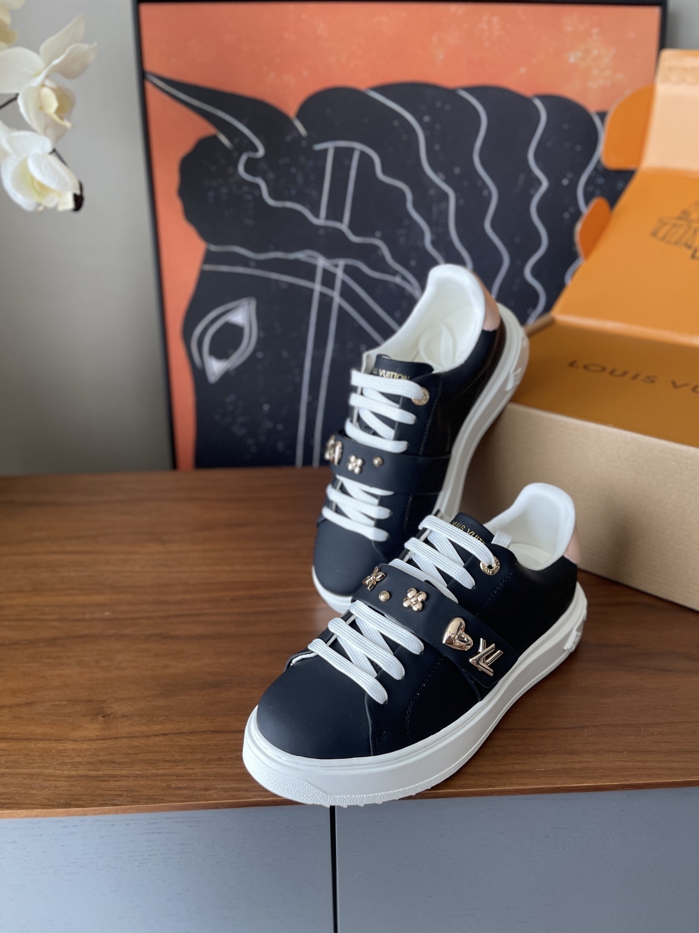 Louis Vuitton Frontrow Black Leather Sneakers with Gold Charms