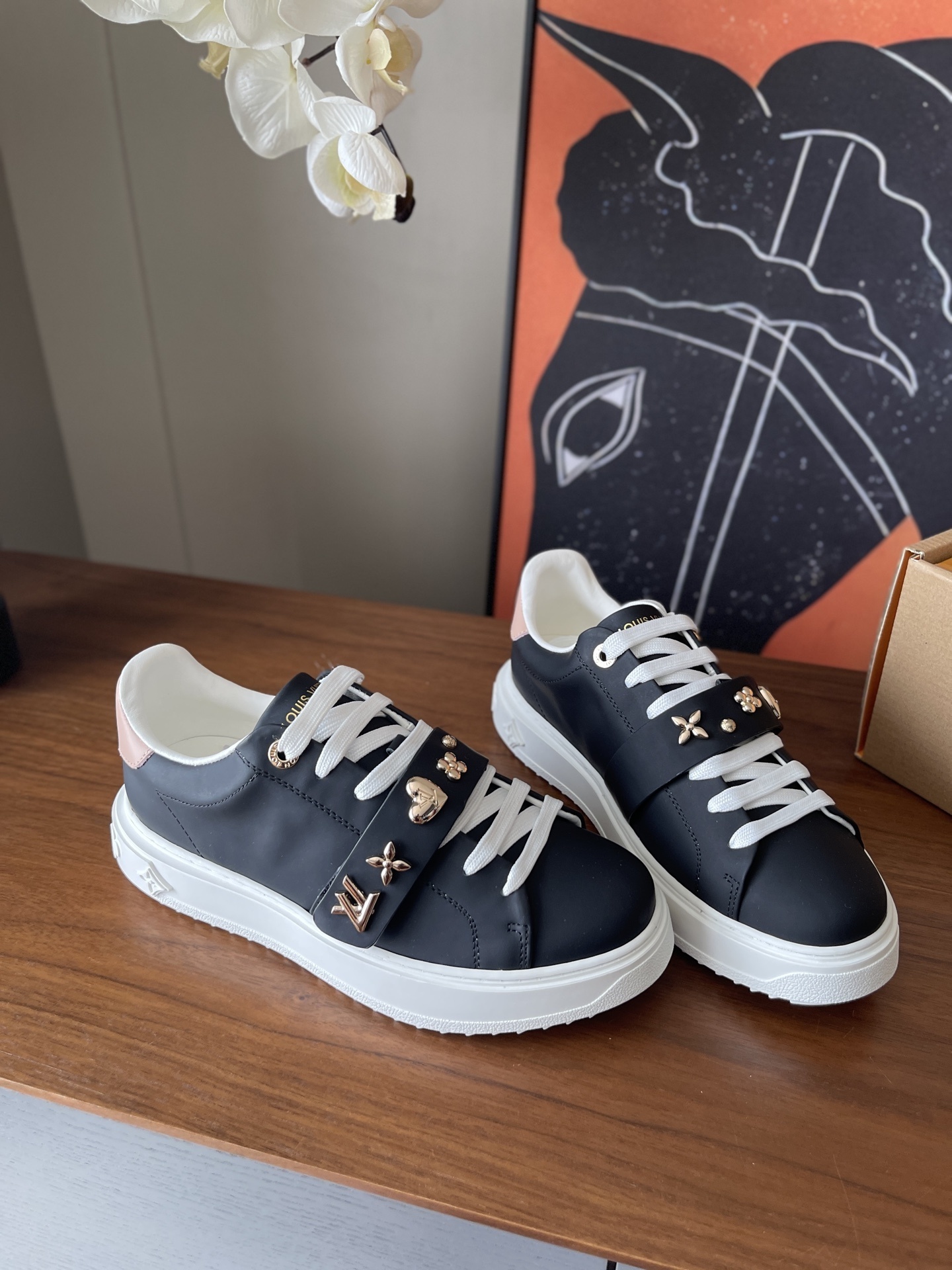 Louis Vuitton Frontrow Black Leather Sneakers with Gold Charms