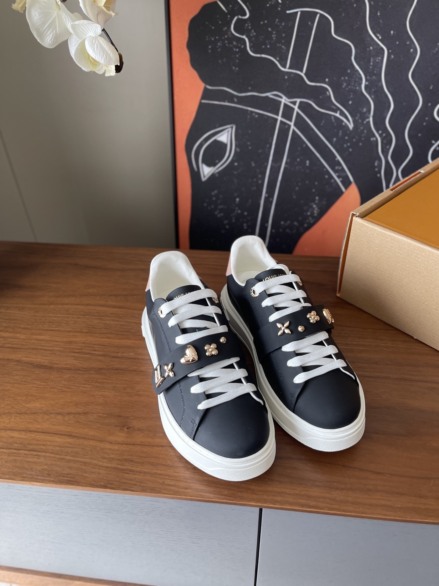 Louis Vuitton Frontrow Black Leather Sneakers with Gold Charms