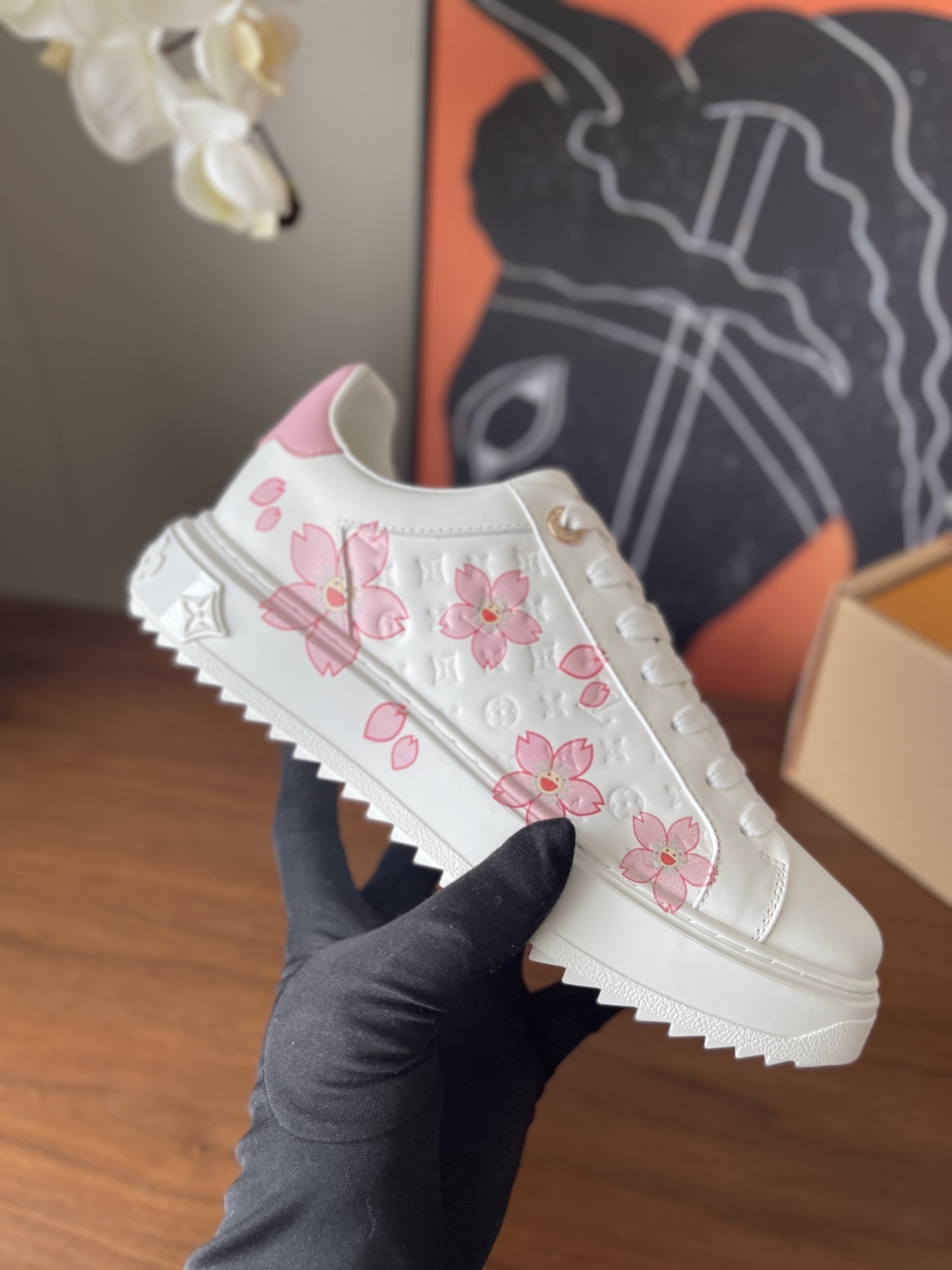 Louis Vuitton White Leather Pink Cherry Blossom Platform Sneakers