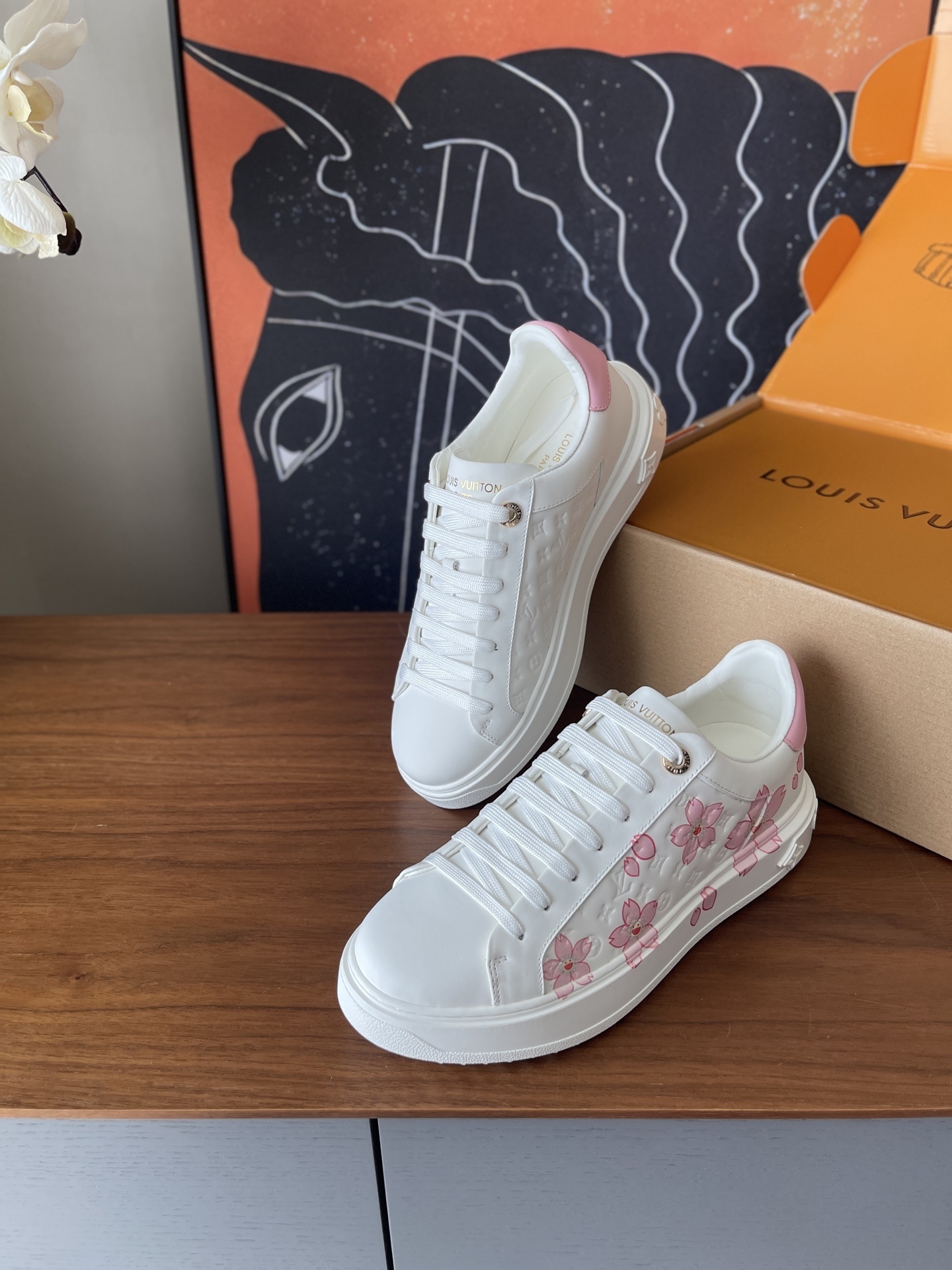 Louis Vuitton White Leather Pink Cherry Blossom Platform Sneakers