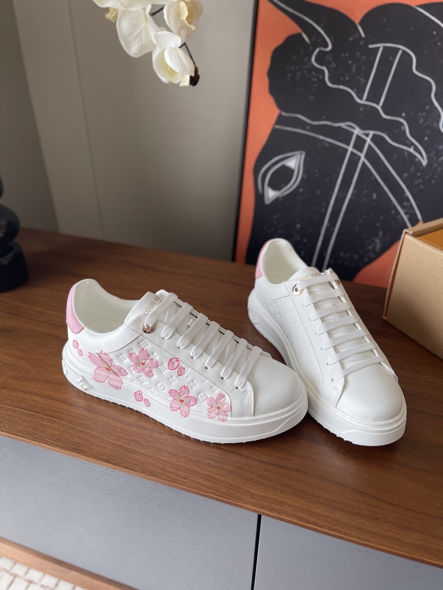 Louis Vuitton White Leather Pink Cherry Blossom Platform Sneakers