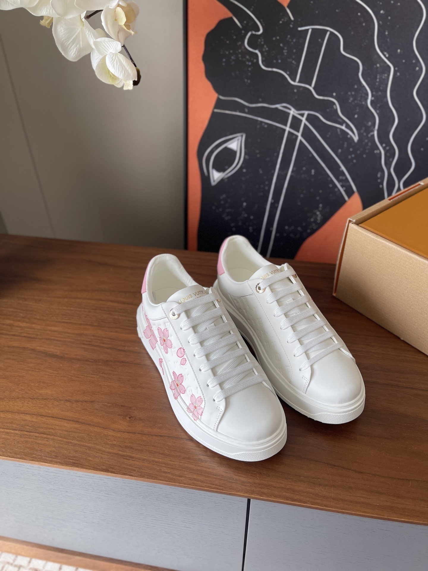 Louis Vuitton White Leather Pink Cherry Blossom Platform Sneakers