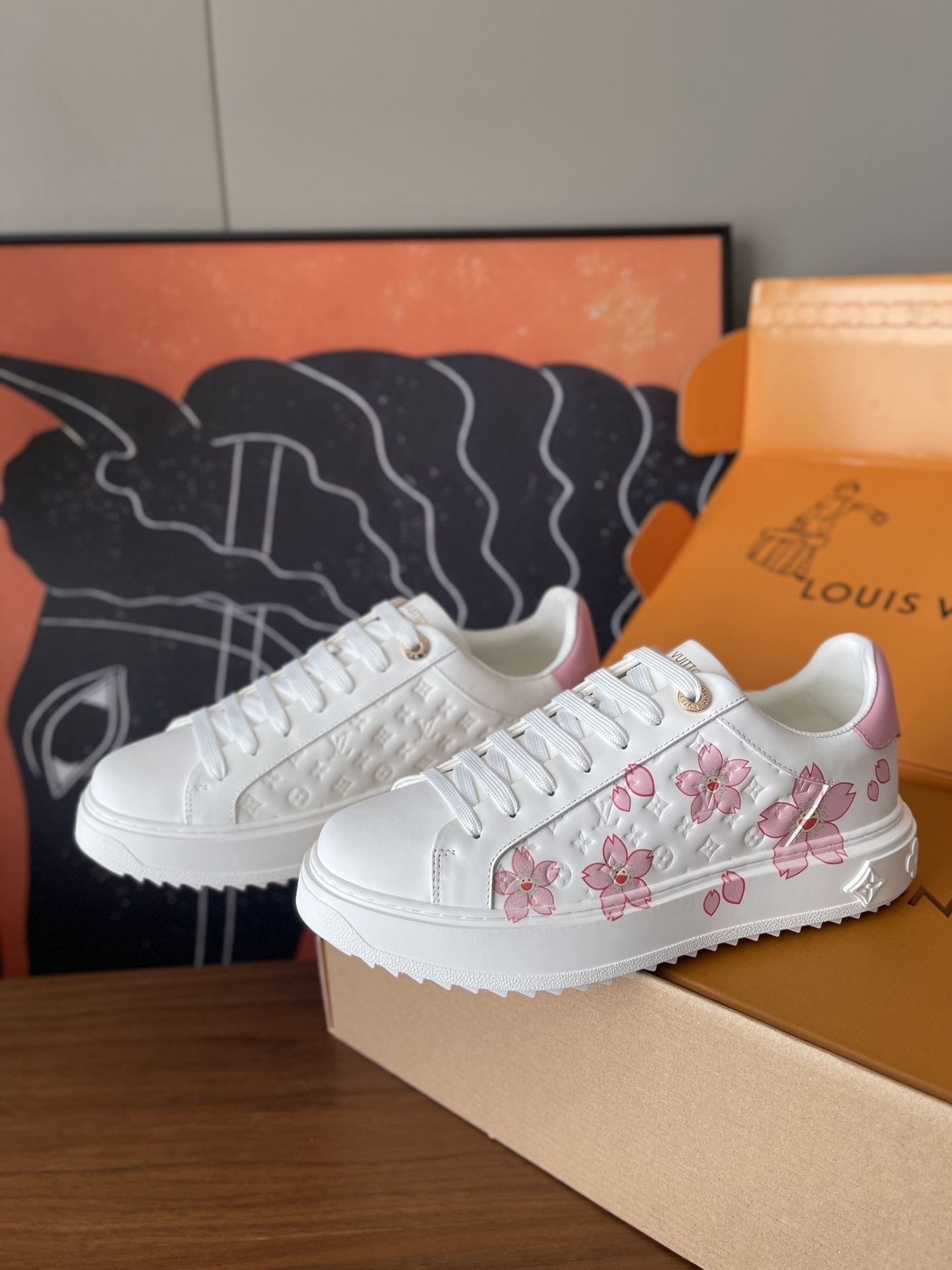 Louis Vuitton White Leather Pink Cherry Blossom Platform Sneakers