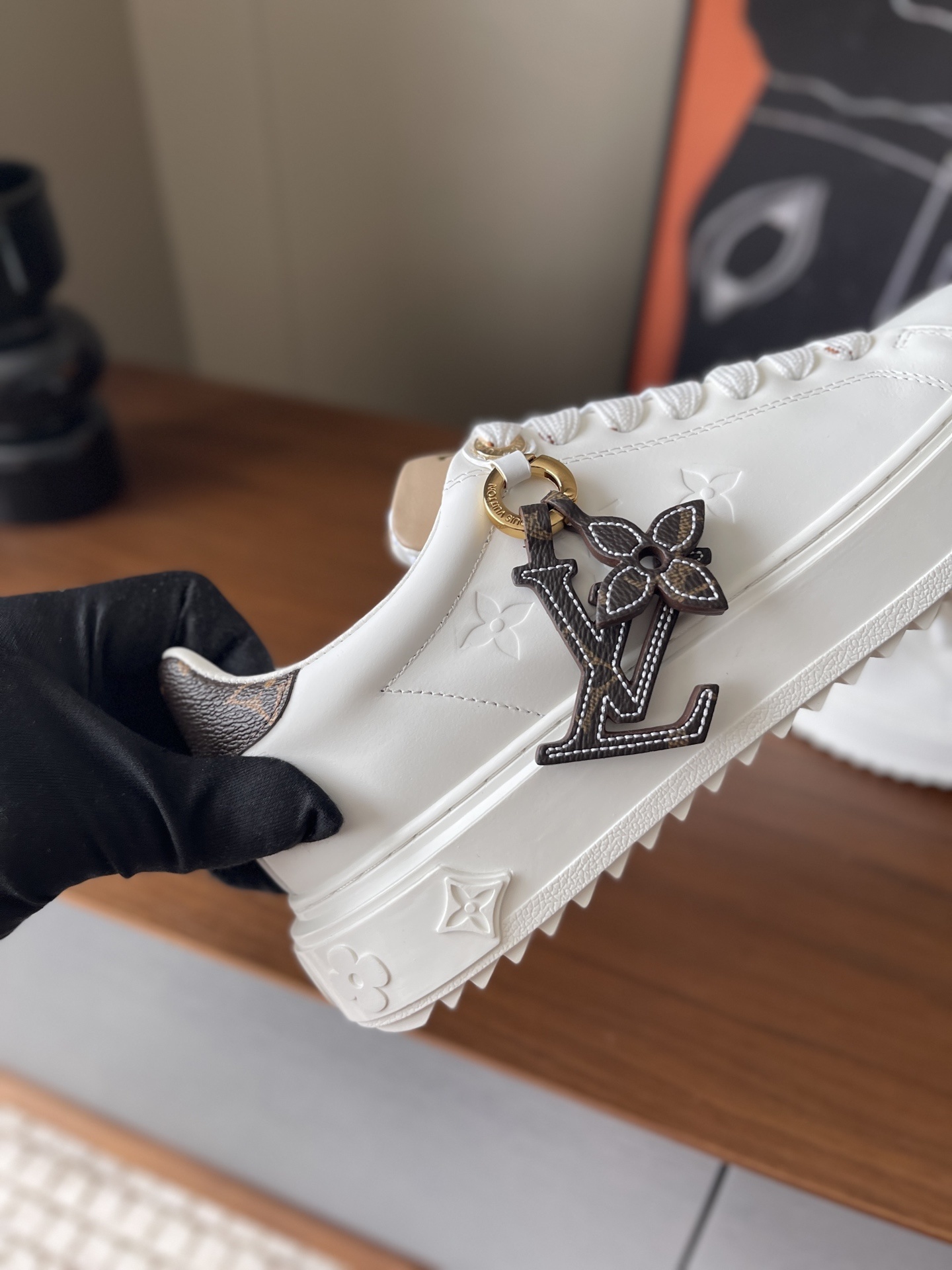 Louis Vuitton Women's White Leather Sneakers with Monogram Charm