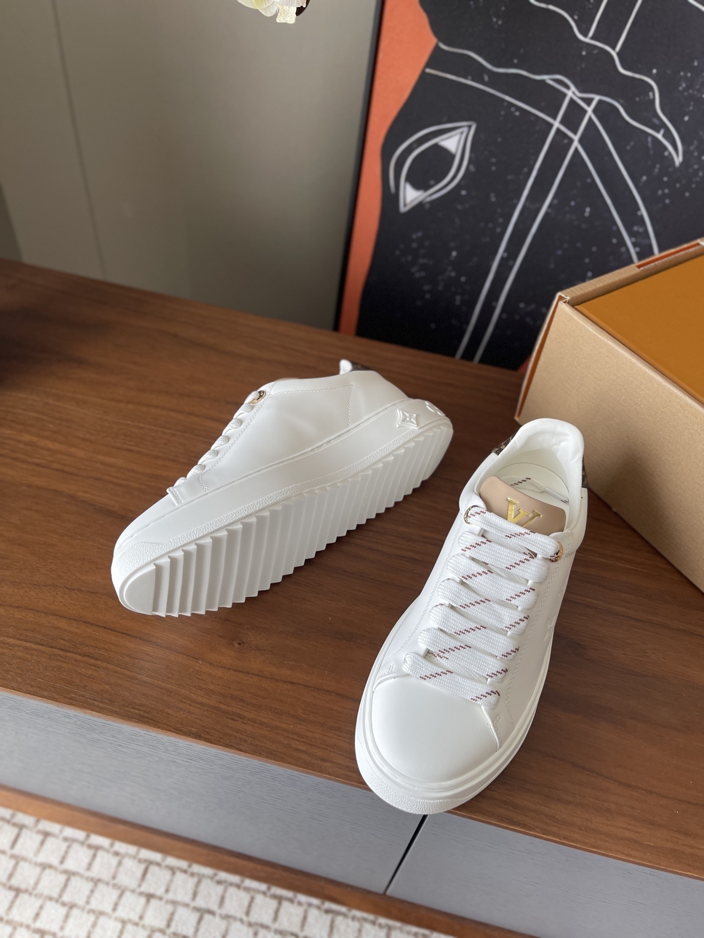 Louis Vuitton Women's White Leather Sneakers with Monogram Charm