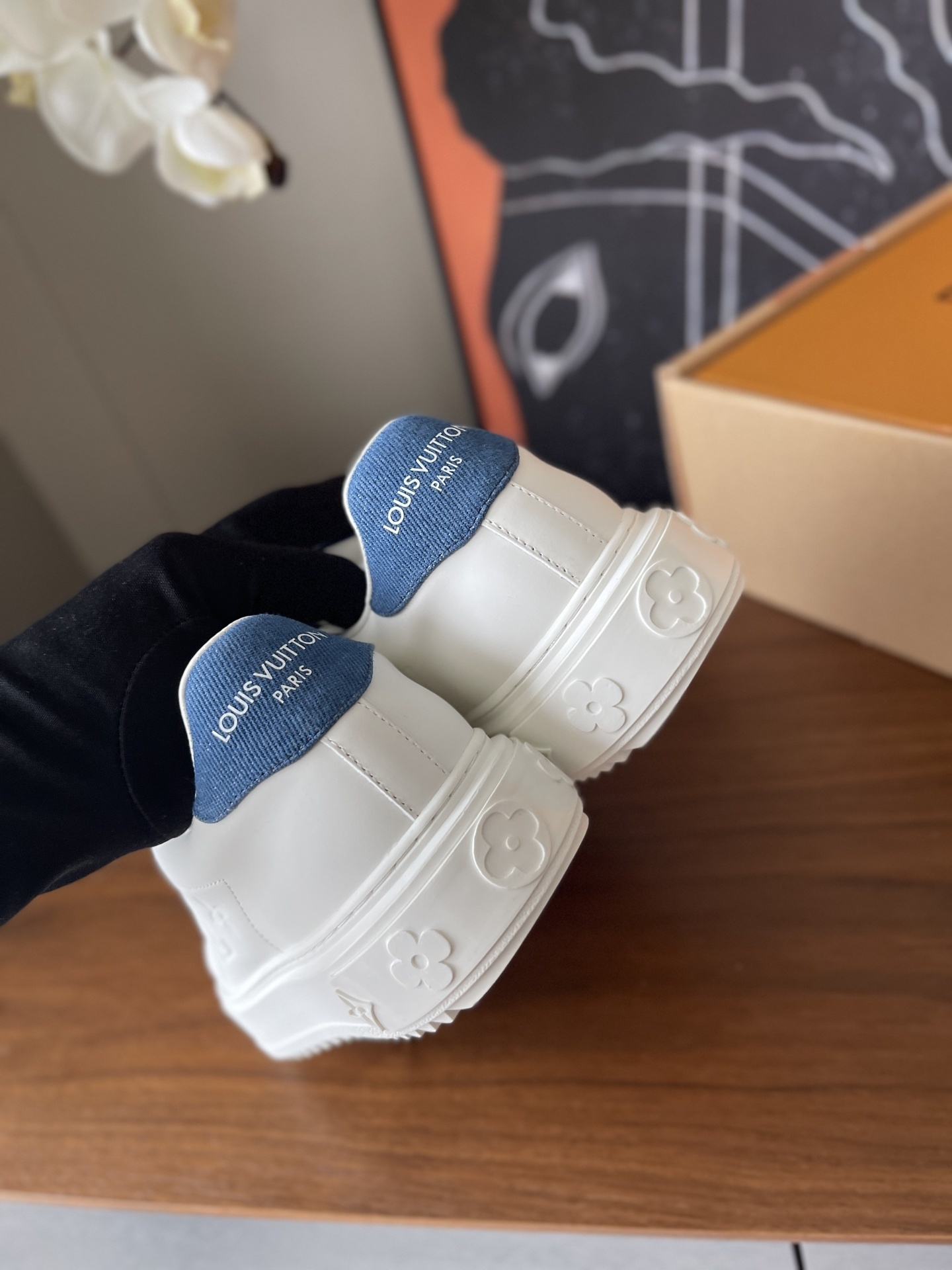 Louis Vuitton Time Out Sneaker - White Leather with Blue Denim Charm