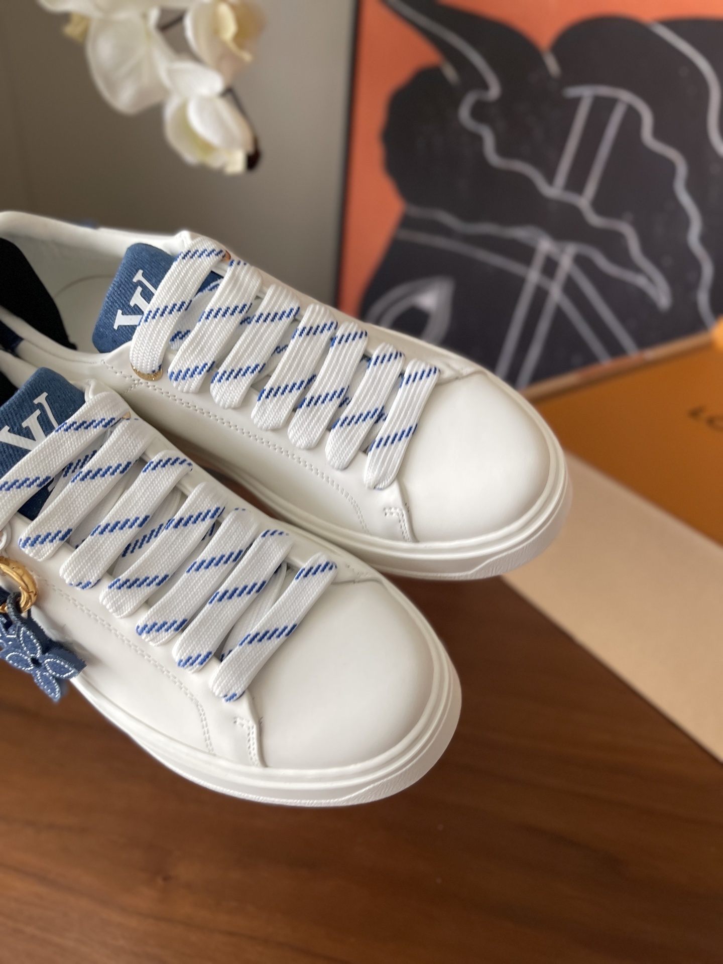 Louis Vuitton Time Out Sneaker - White Leather with Blue Denim Charm