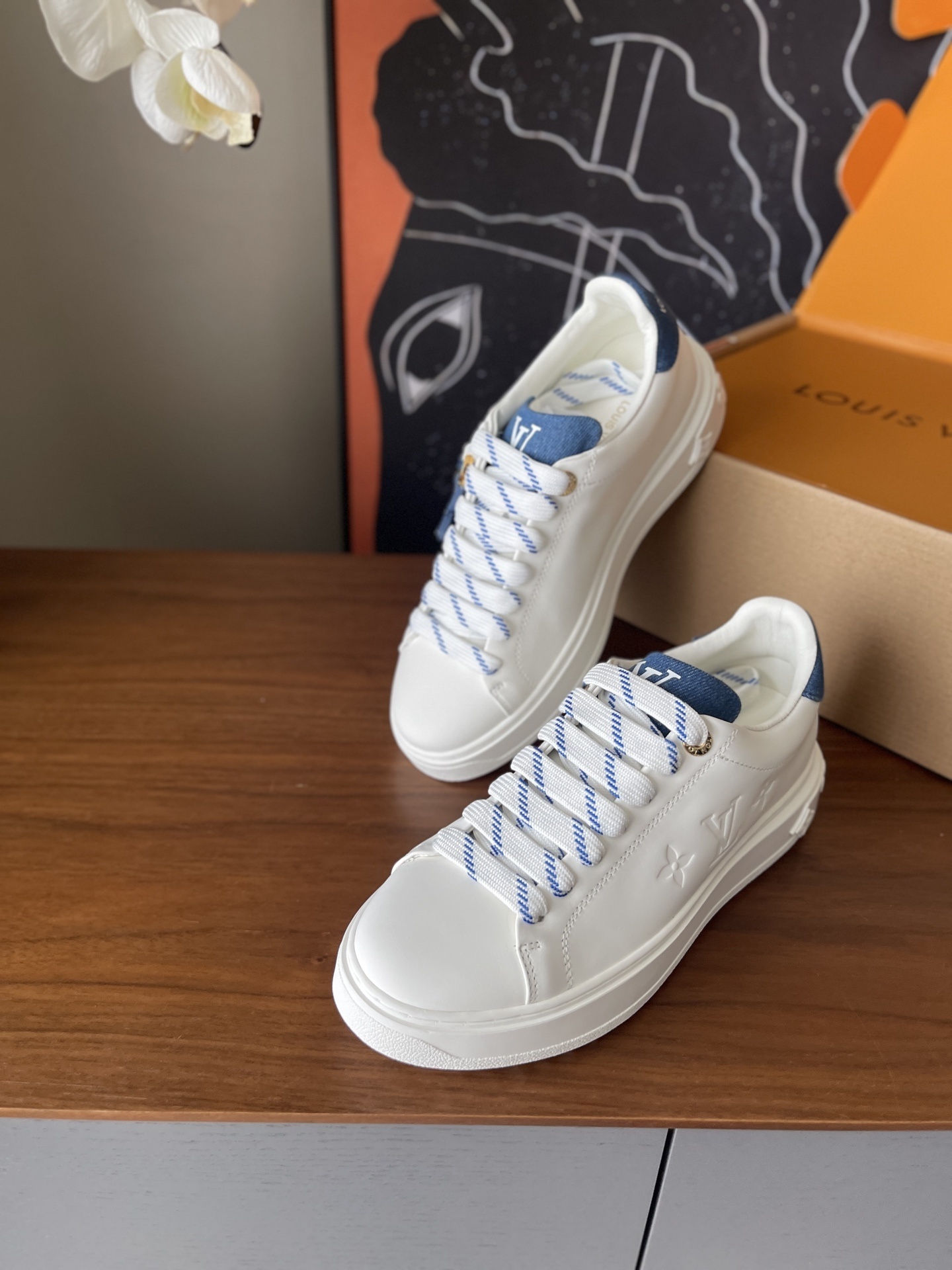 Louis Vuitton Time Out Sneaker - White Leather with Blue Denim Charm