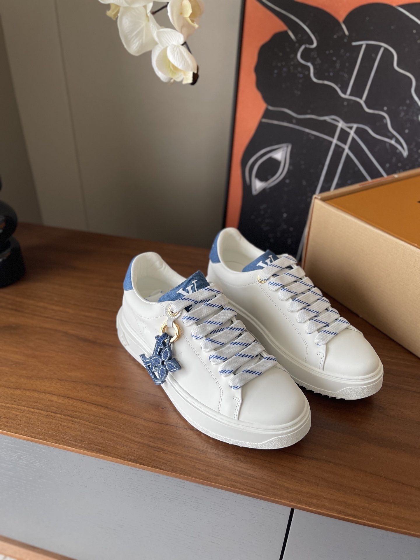Louis Vuitton Time Out Sneaker – White Leather with Blue Denim Charm