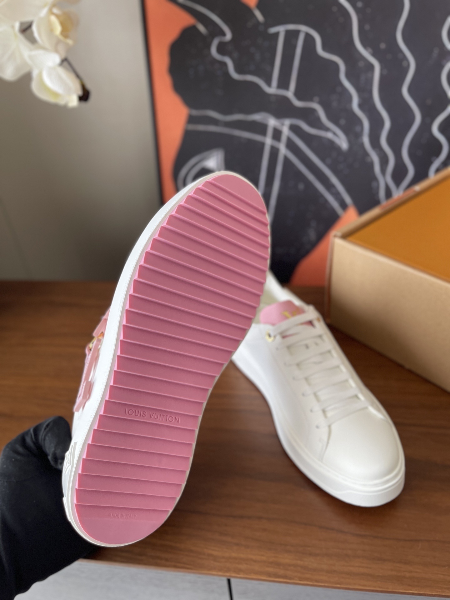 LV Time Out White Leather Sneakers with Pink Floral Charm