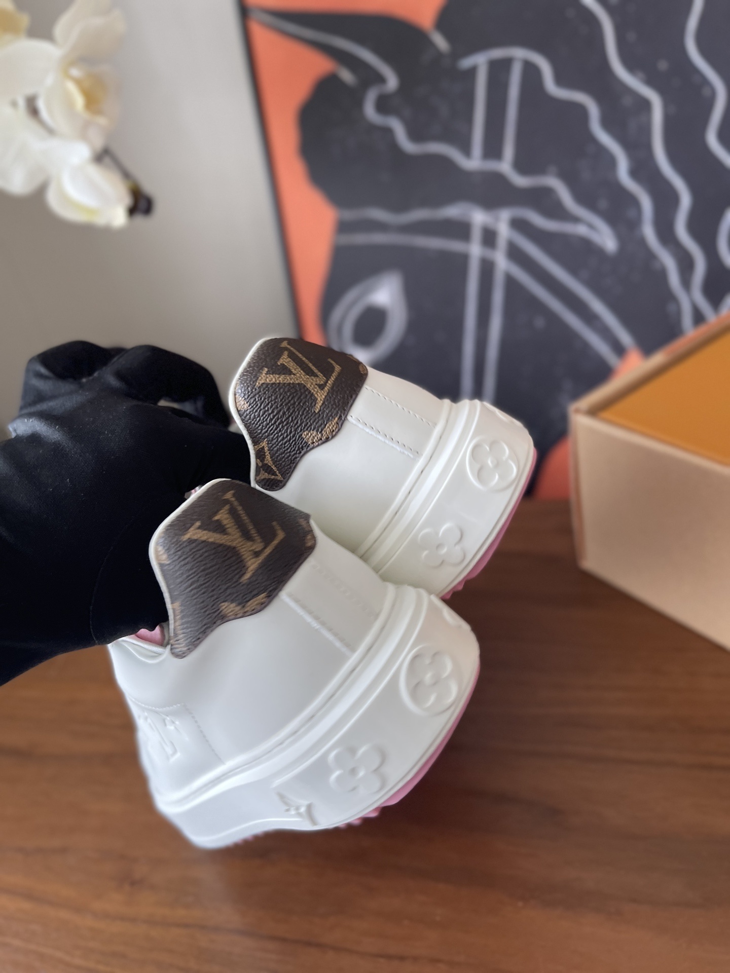 LV Time Out White Leather Sneakers with Pink Floral Charm