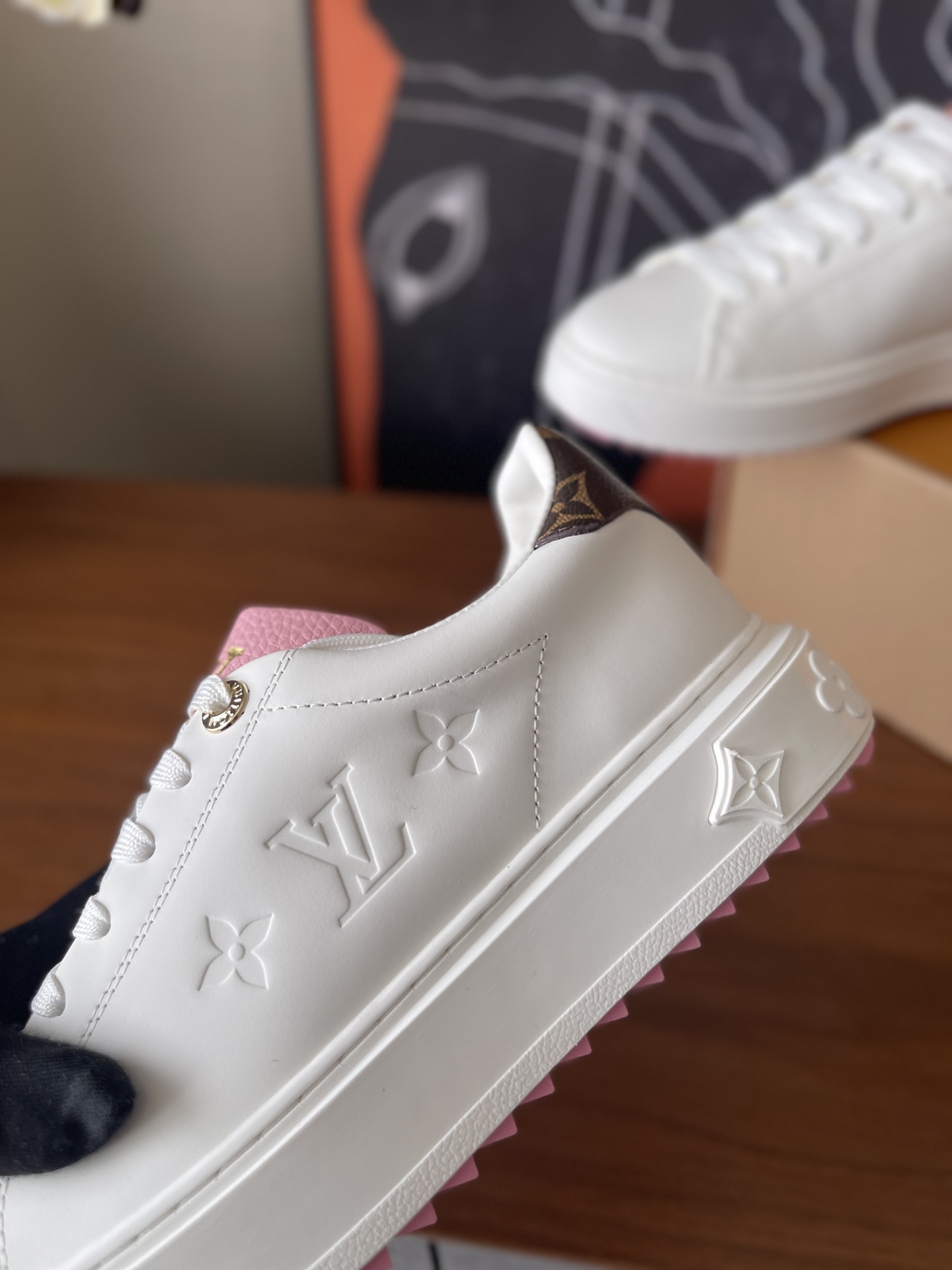LV Time Out White Leather Sneakers with Pink Floral Charm