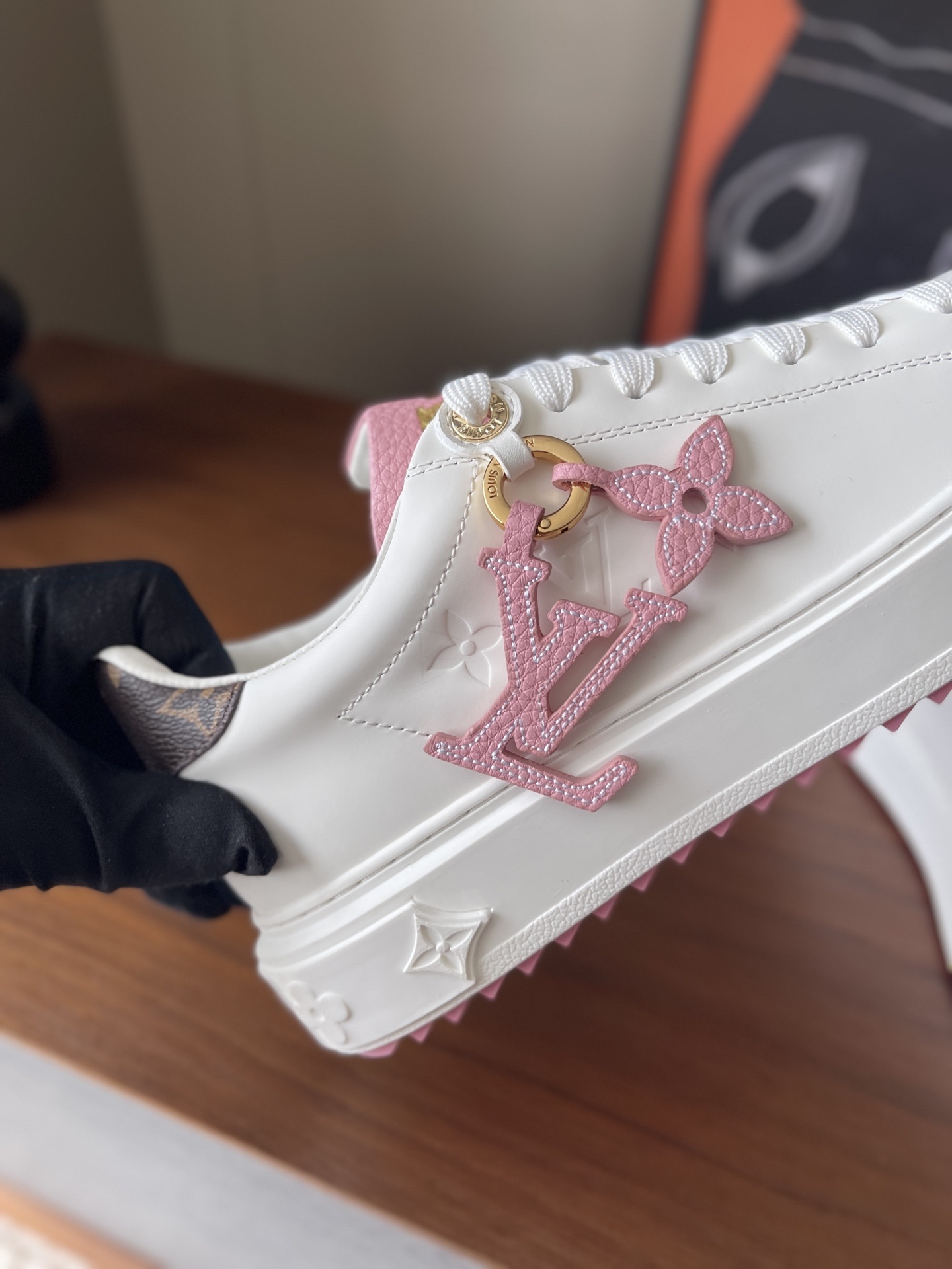 LV Time Out White Leather Sneakers with Pink Floral Charm