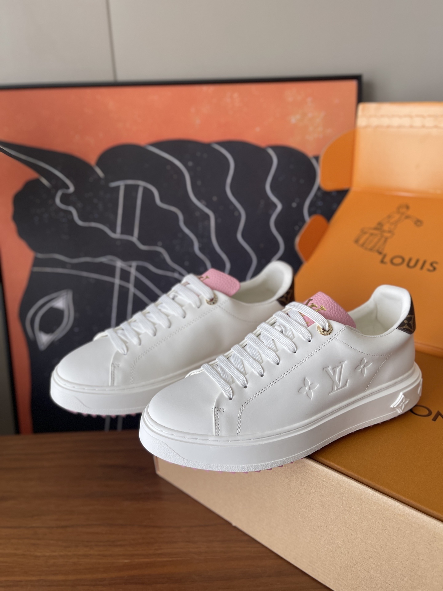 LV Time Out White Leather Sneakers with Pink Floral Charm