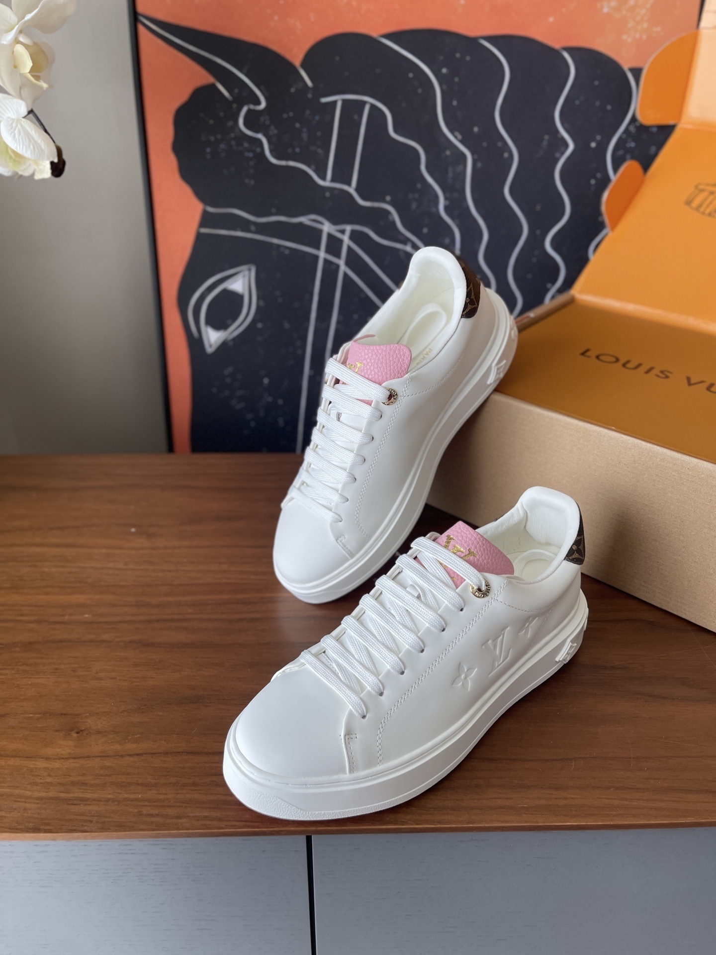 LV Time Out White Leather Sneakers with Pink Floral Charm