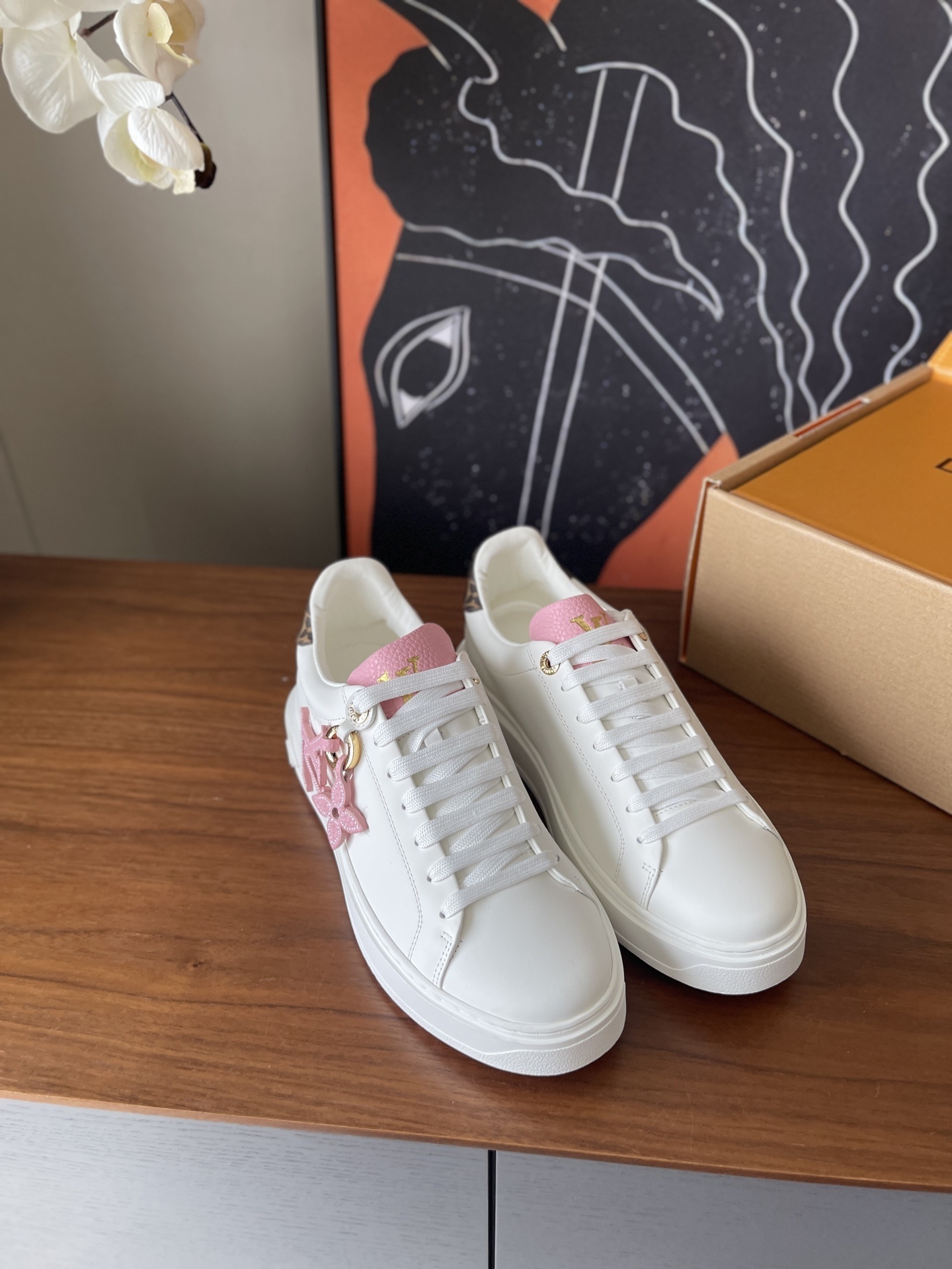 LV Time Out White Leather Sneakers with Pink Floral Charm