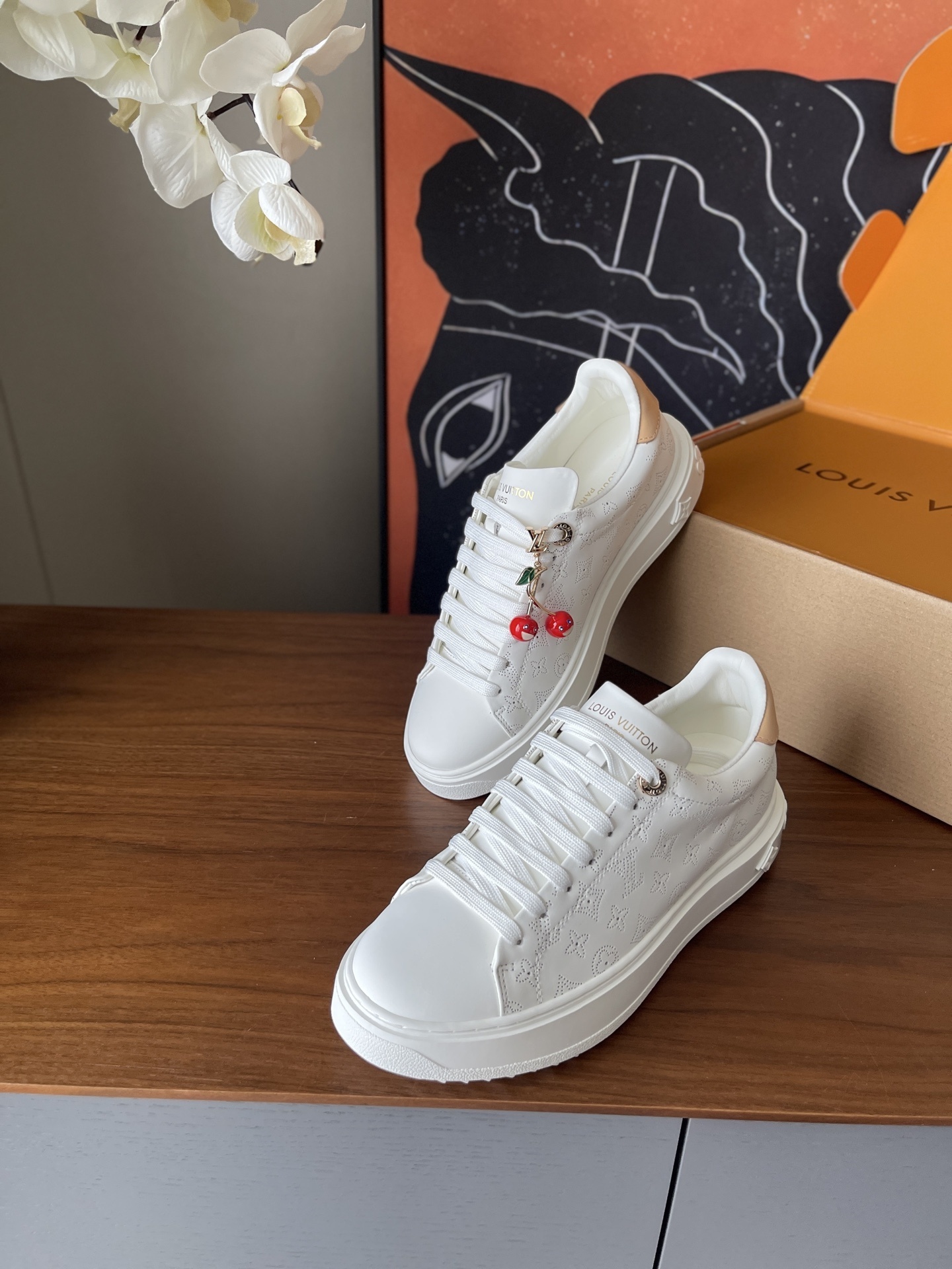 Louis Vuitton White Monogram Time Out Sneakers with Cherry Charm