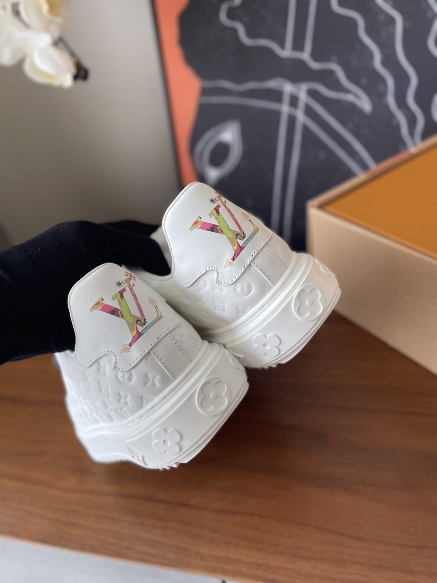 Louis Vuitton Monogram White Platform Sneakers with Cartoon Charms